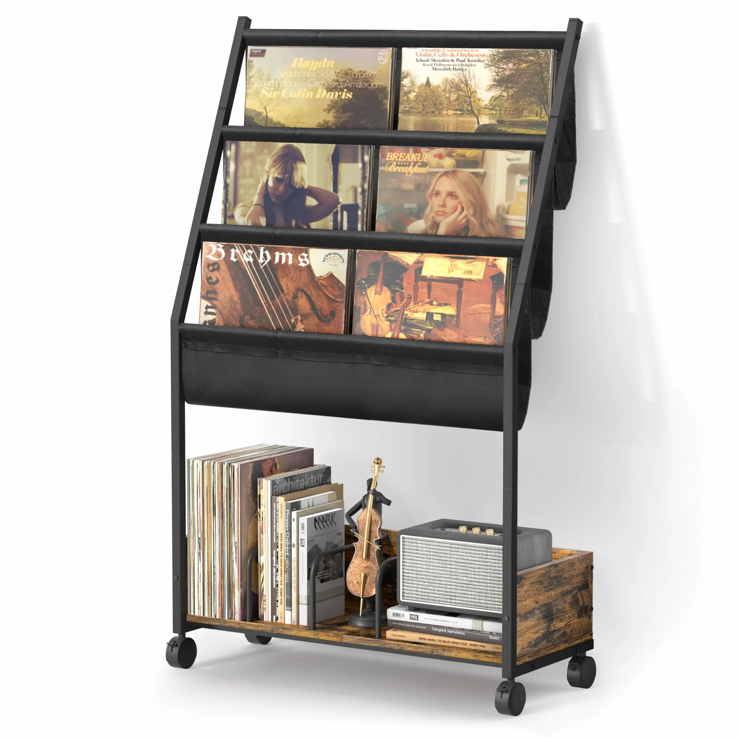 Bikoney Soporte para Discos de Vinilo hasta 200 Álbumes – Soporte de 3 Niveles con Estantes Expositores, Mueble Organizador para LPs, Libros, Revistas, Almacenaje para Colección de Vinilos Más Grande