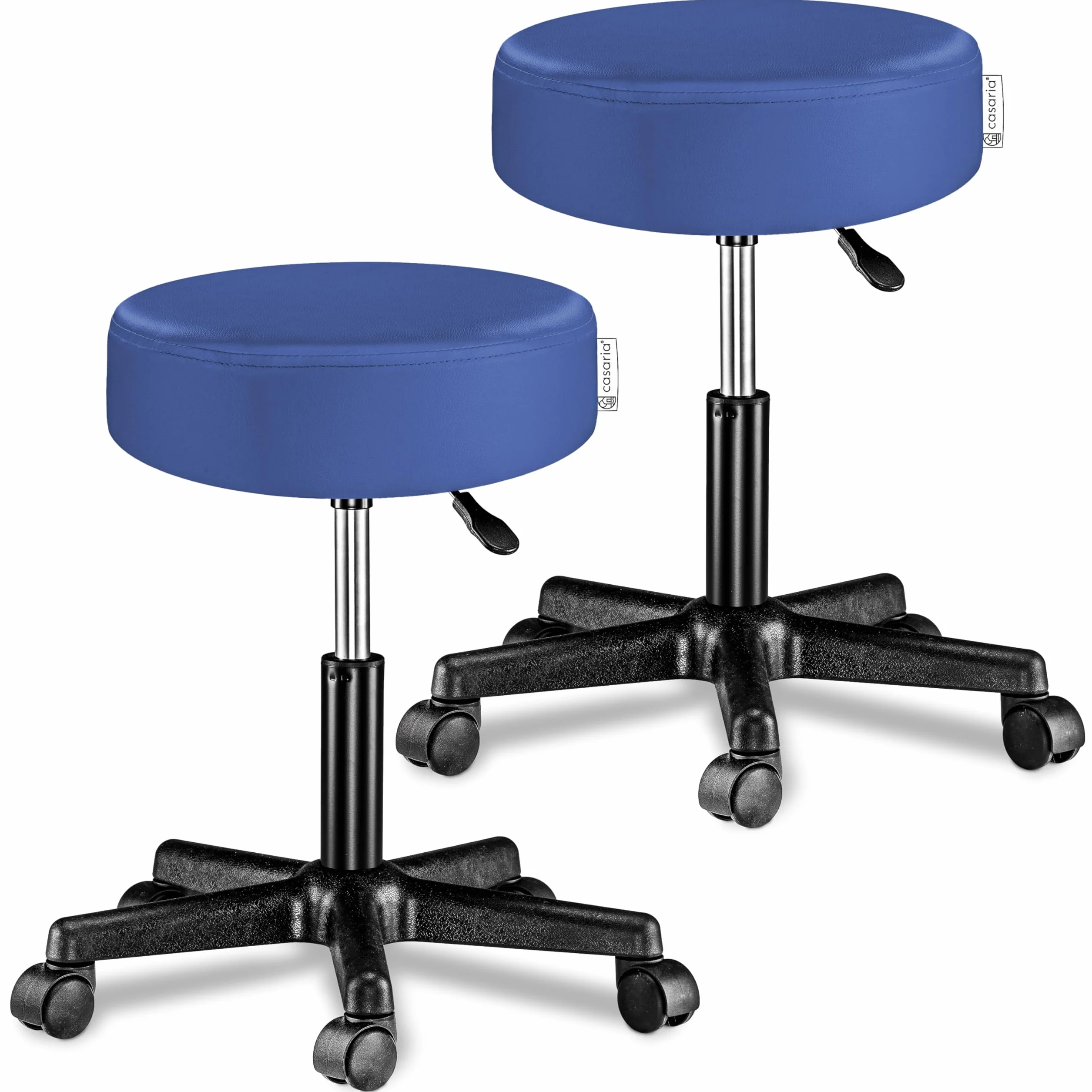 CASARIA® 2X Taburete Oficina Giratorio 360° Redondo Ø 35cm con Ruedas Silla Escritorio Trabajo Altura Regulable 46-60cm Acolchado 10cm Resistente Azul