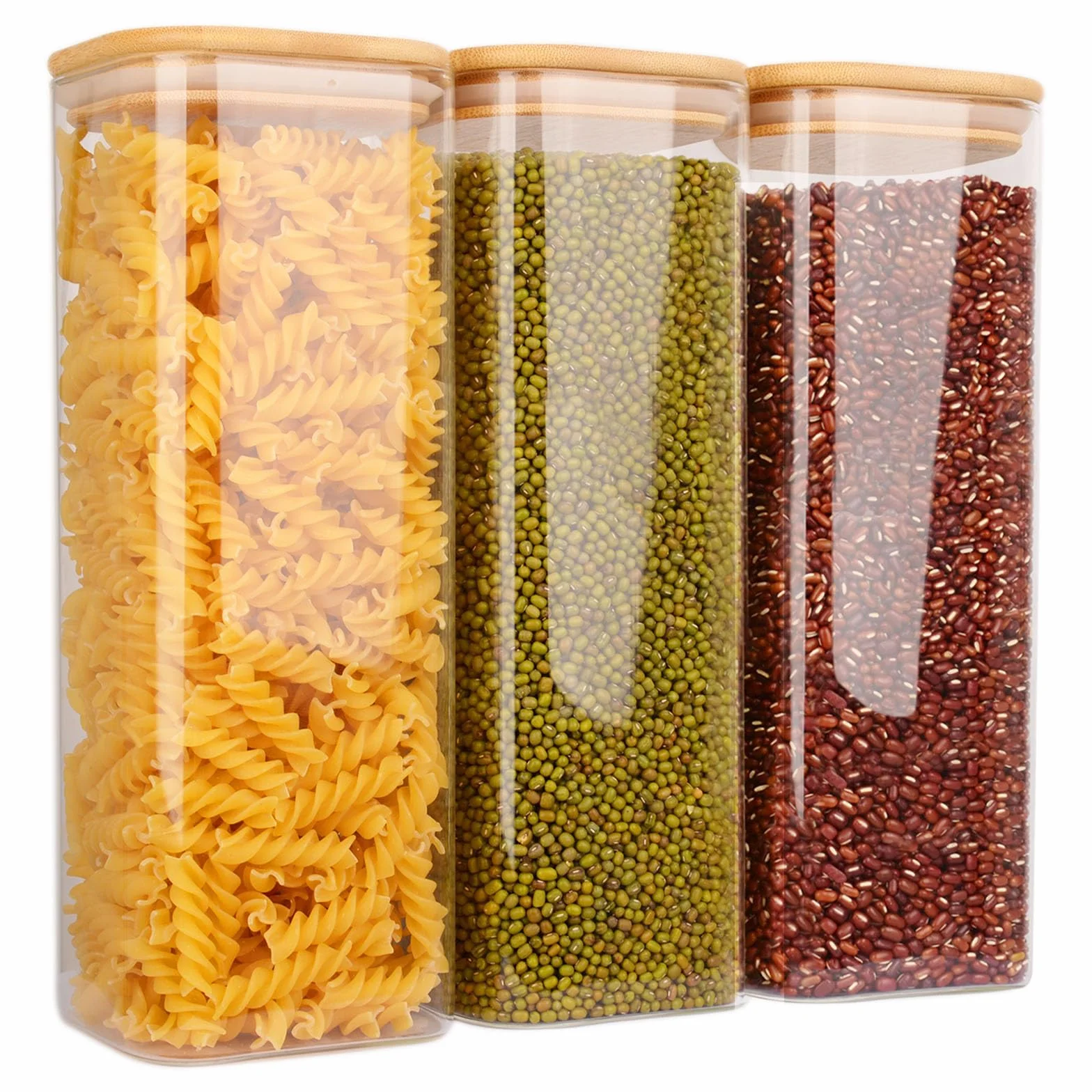 FINEW Set de 3 tarros de almacenamiento de vidrio con tapa de 2100 ml, tarros de almacenamiento cuadrados, grandes recipientes herméticos de vidrio, tarros de especias para cocina de espaguetis