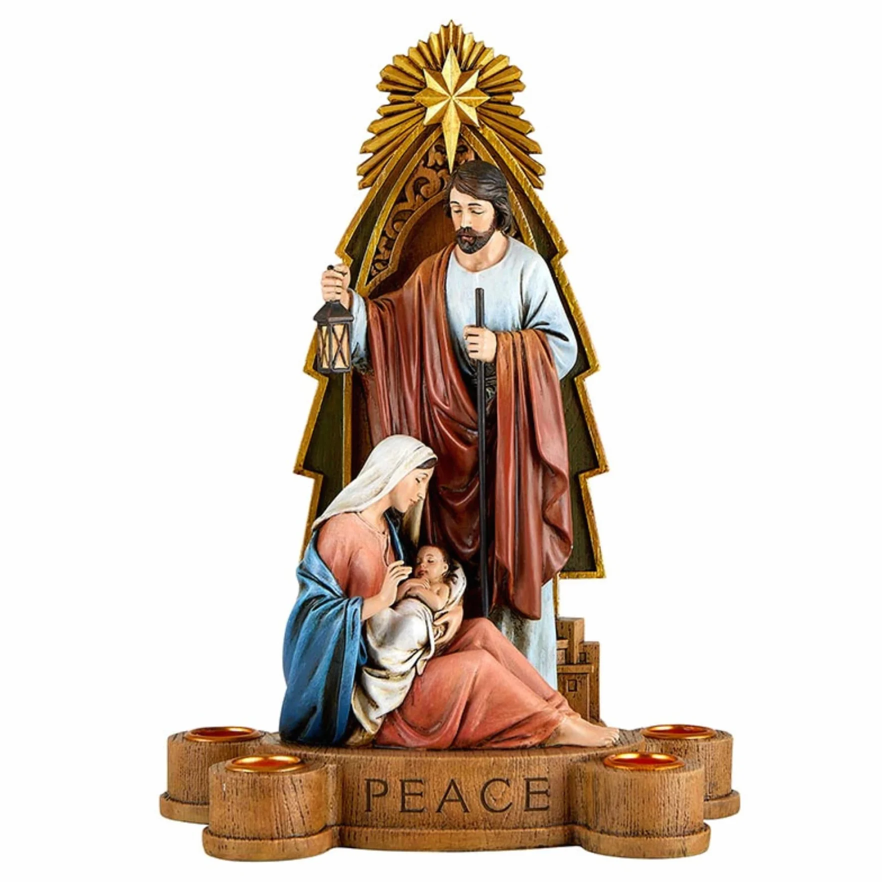 Good News - Portavelas de Adviento de la Sagrada Familia con Escrituras grabadas, figura religiosa de Navidad para interiores, decoraciones de Navidad para el hogar, 10.75 pulgadas