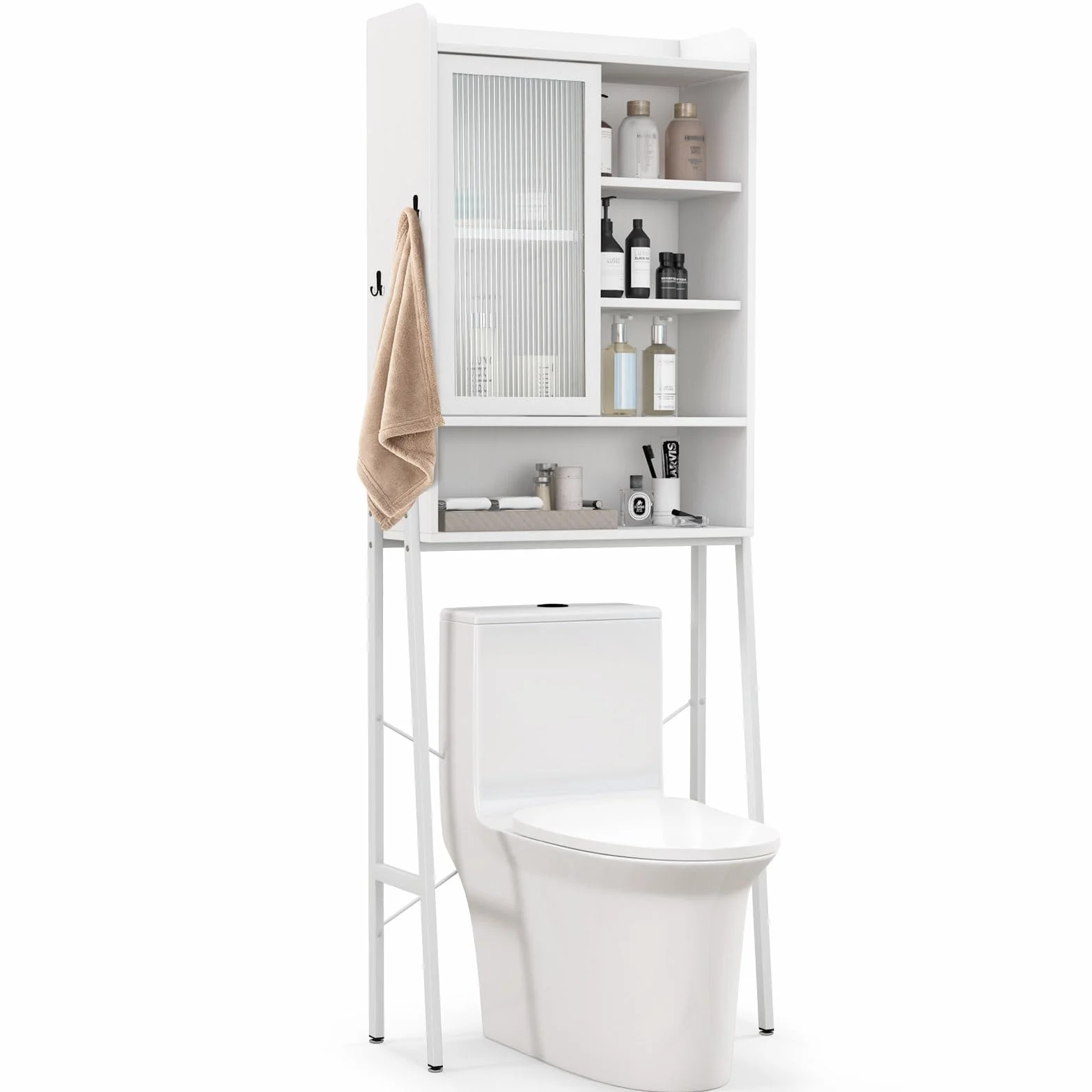 GOPLUS - Mueble de inodoro con puerta corredera de acrílico, estantes con ganchos ajustables, marco de metal, mueble para almacenamiento en lavadora, 63 x 29 x 170 cm, color blanco