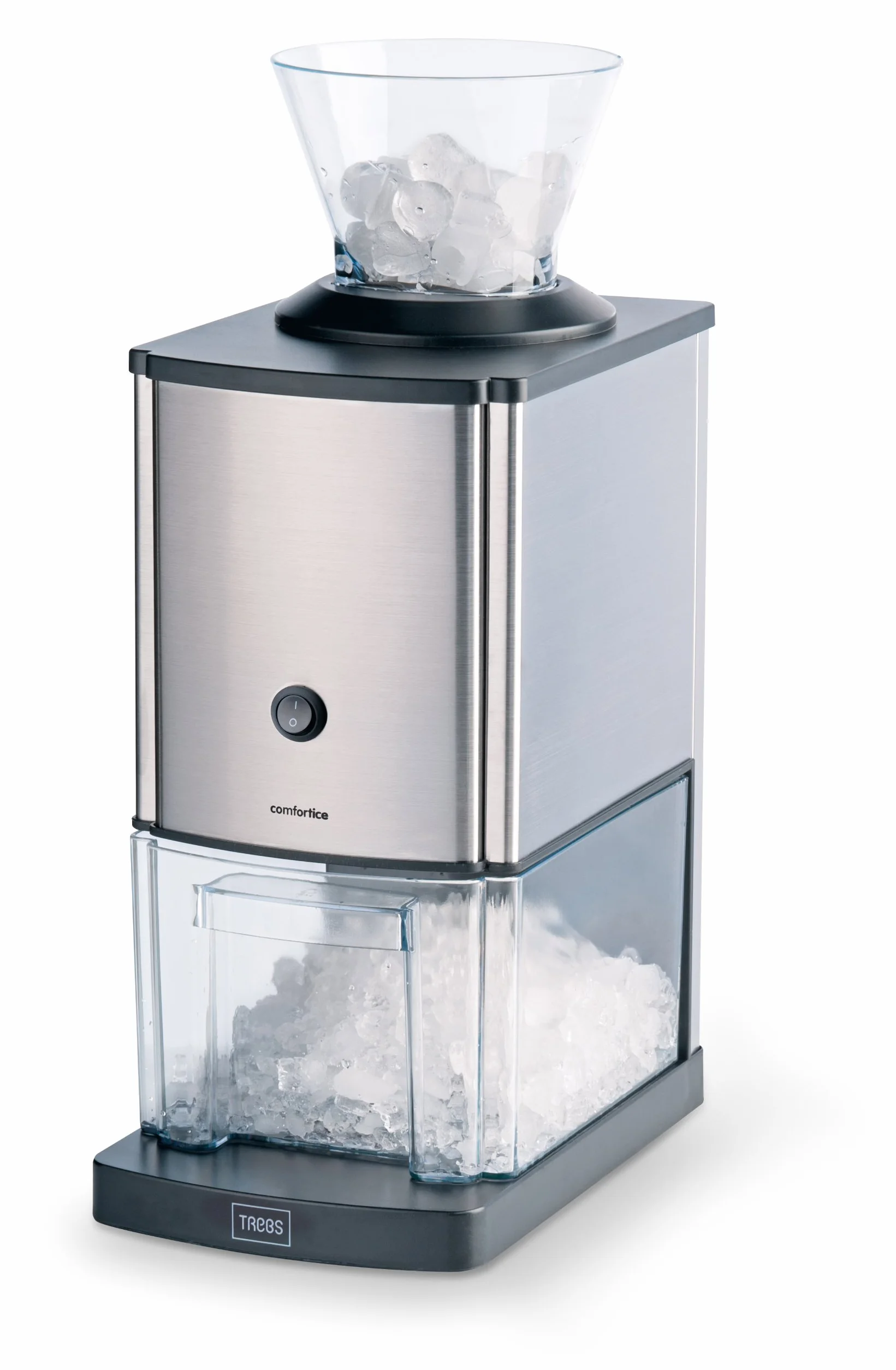 Trebs 21114 - Picadora de hielo / Comfortice, acero inoxidable, ideal para refrescos, cócteles o la preparación de postres fríos (1 kg de hielo picado por minuto, capacidad de 3 litros, 80 vatios)