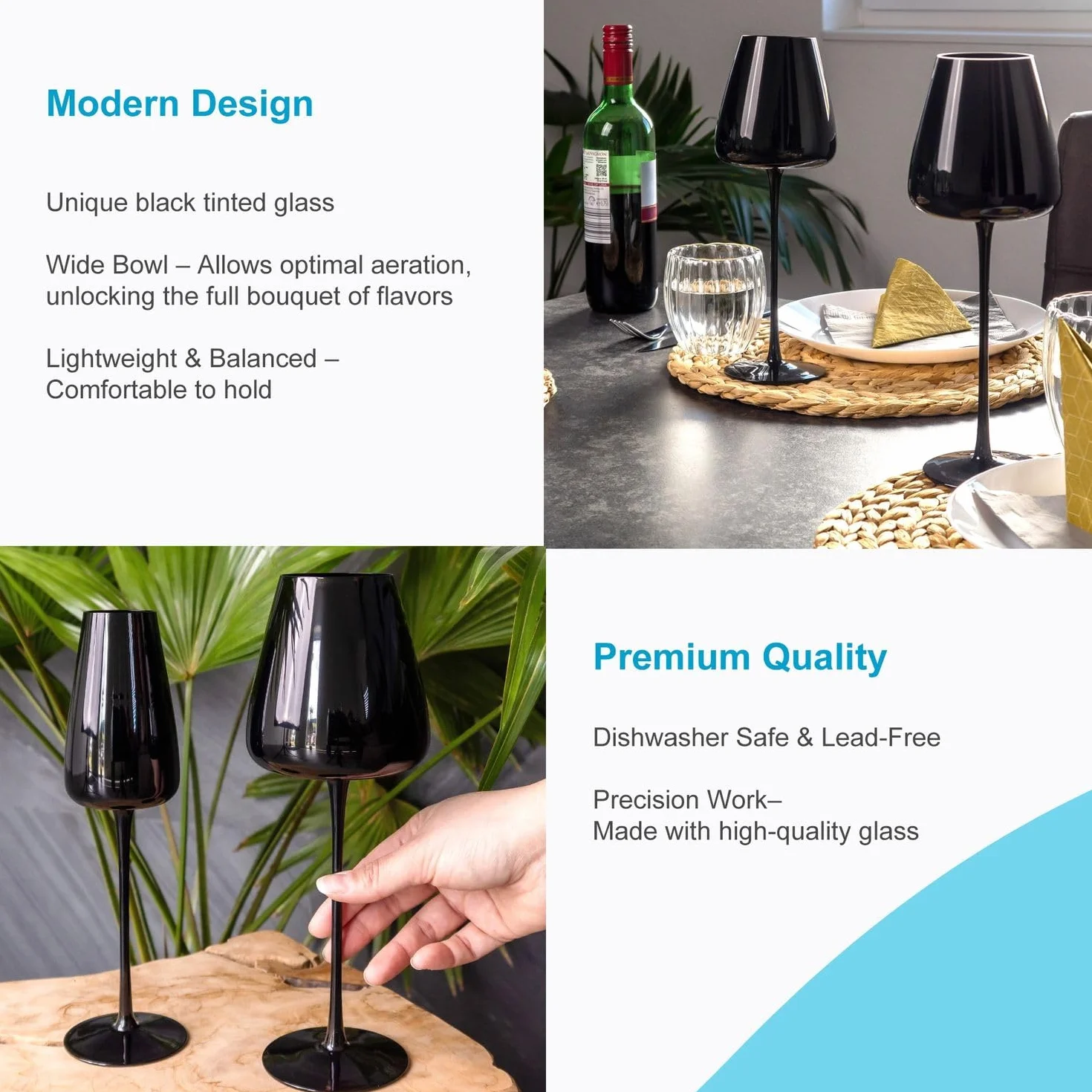 INTIRILIFE 4x Copa de vino con diseño moderno en Negro - Capacidad de 500 ml - Copa para vino tinto vino blanco, cáliz, apto para lavavajillas, vidrio de cristal, resistente a golpes