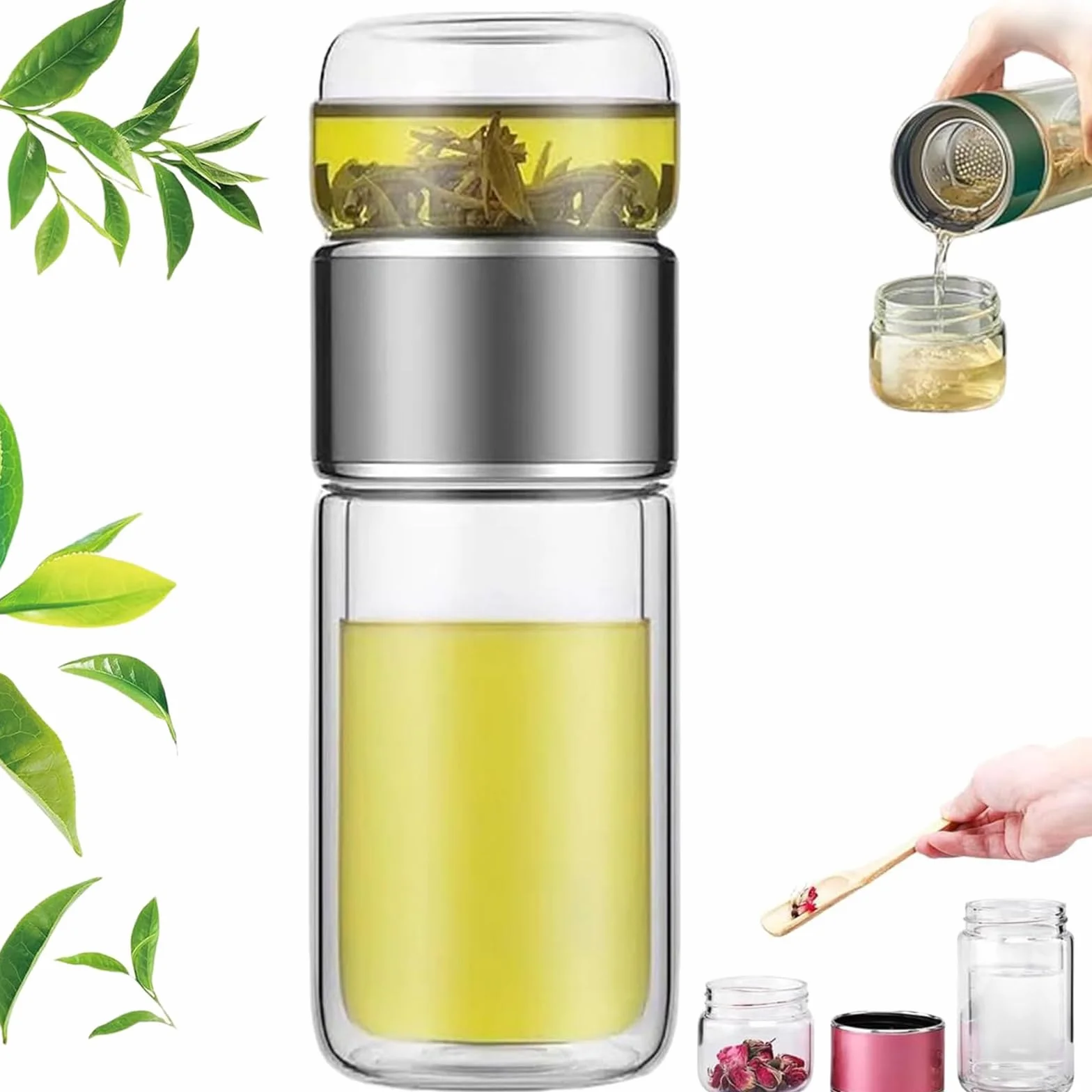 Botella infusora de té de vidrio de doble capa, máquina de té 3 en 1 de hojas sueltas y empinadora para preparar té suelto de 350 ml