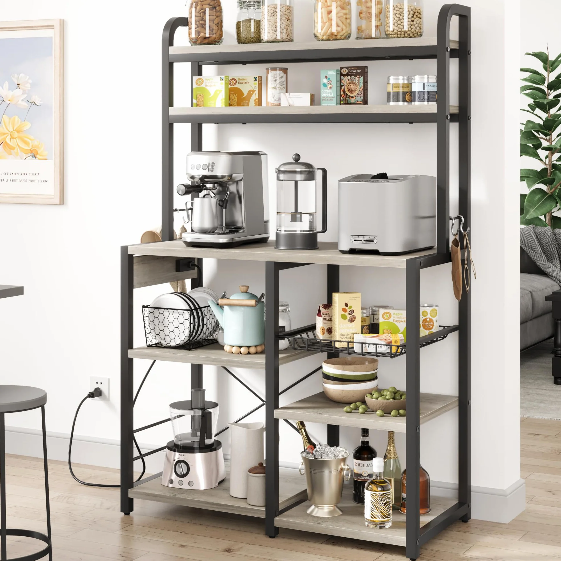 Zstar Soporte para Microondas, Estante De Cocina con Canasta De Alambre, Estante De Almacenamiento Independiente Grande De 6 Niveles para Cocina, Comedor y Sala De Estar