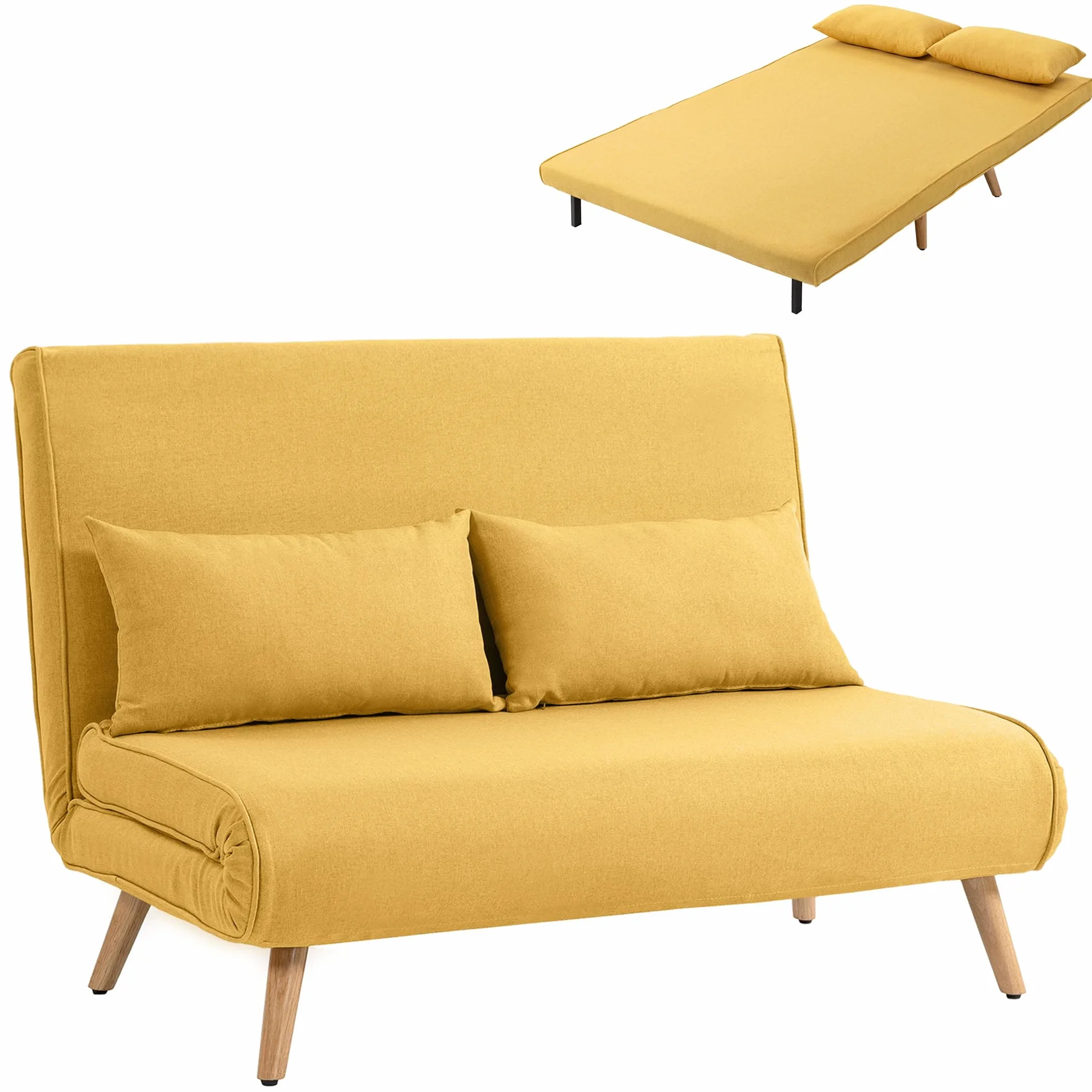 HOMCOM Sofá Cama de 2 Plazas Plegable 3 en 1, Sofá Cama, Tapizado en Lino, con Respaldo Ajustable 5 Posiciones, 2 Almohadas, para Dormitorio, Salón, Amarillo