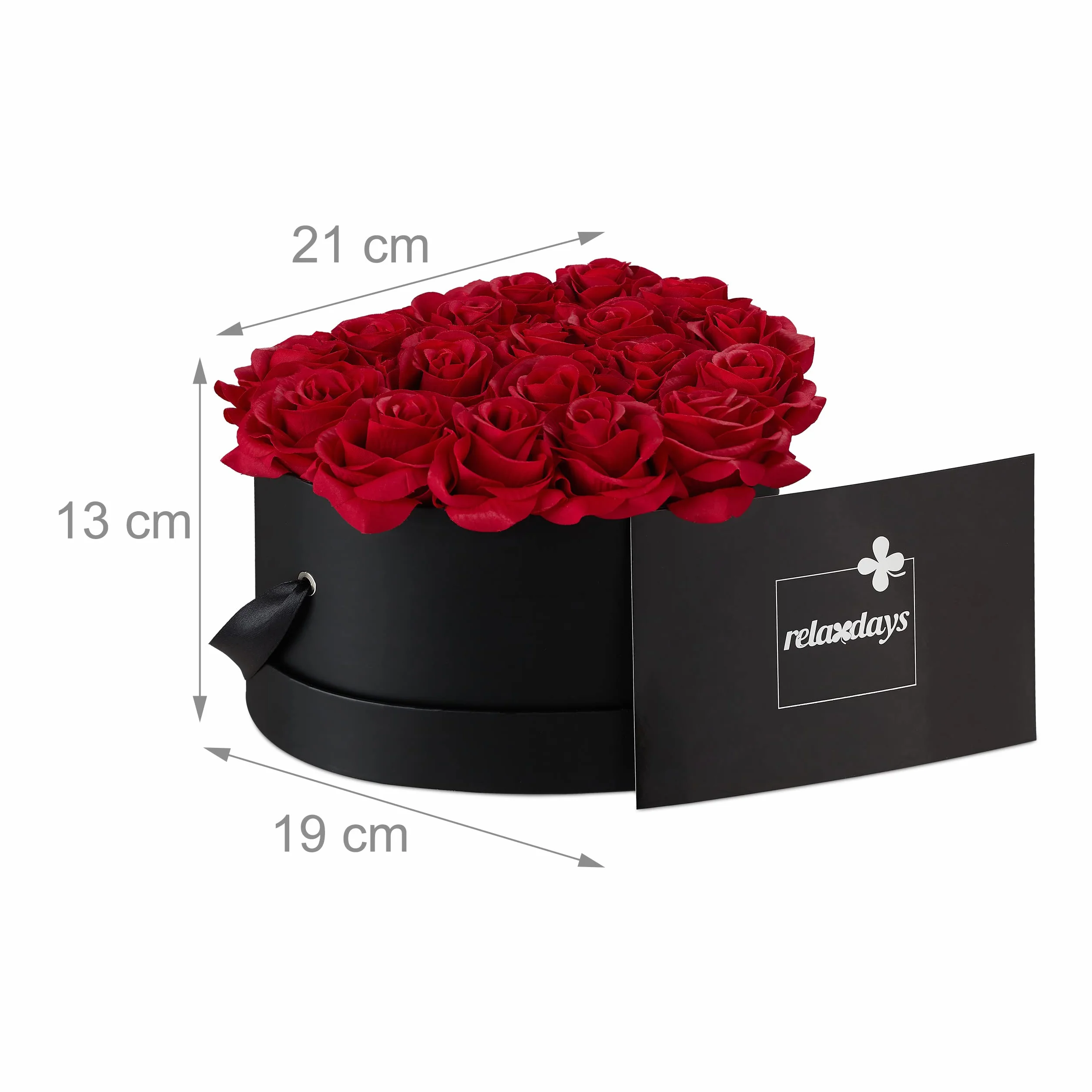 Relaxdays Caja Rosas Artificiales Corazón, 18 Flores, Cajita Negra, Duran hasta 10 Años, Idea Regalo, Decorativa, Rojo