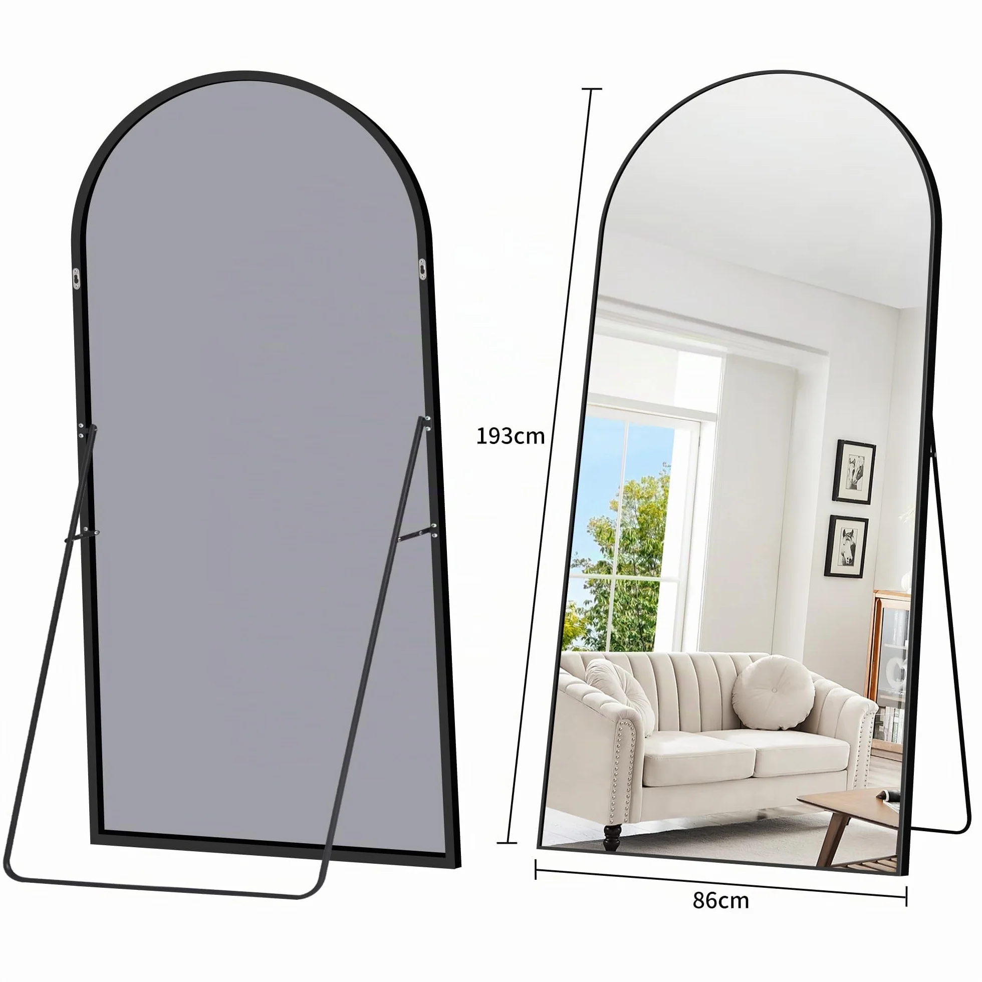 WOLIBEER Espejo Grande de Cuerpo Entero 192 x 85 cm Con Marco de Aluminio Negro - Para Pared o Pie - Ideal Para Dormitorio, Entrada, Pasillo y Decoración