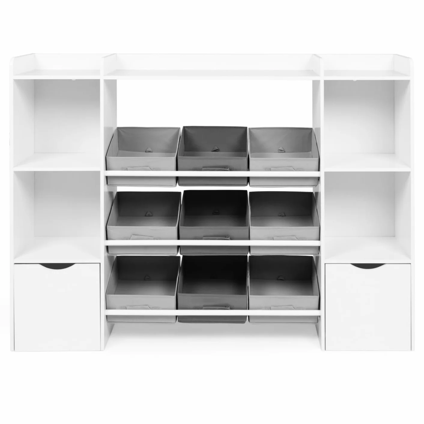 IDMarket Mana - Mueble de almacenamiento infantil 7 estantes, 9 bandejas de tela y 2 cubos con ruedas, color blanco