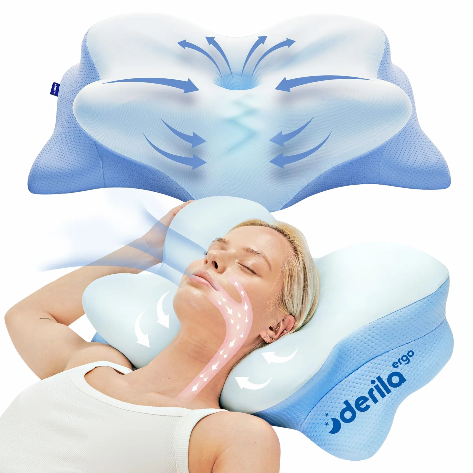 Derila Ergo Almohada Cervicales y Cuello Viscoelástica, Diseño Mariposa, Mejor Calidad de Sueño y Tecnología de Enfriamiento, Dormir de Lado, Espalda y Estómago