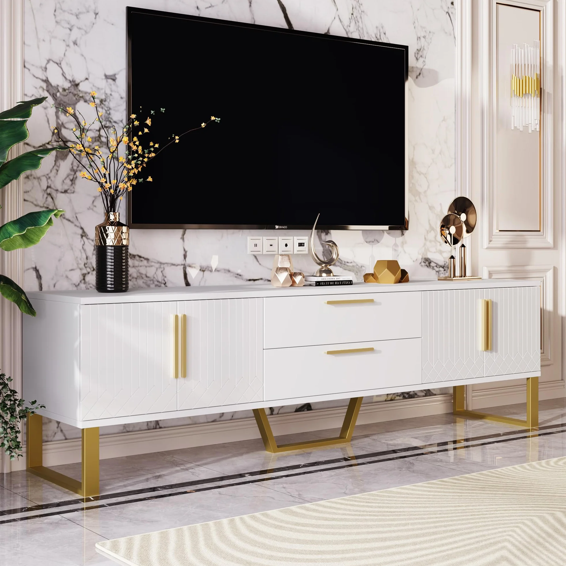 Mueble de TV de alto brillo: suelo, asas y patas doradas, solución de almacenamiento para el salón, combinación perfecta de elegancia, lujo y funcionalidad, 170 x 40 x 53 cm (blanco+dorado)