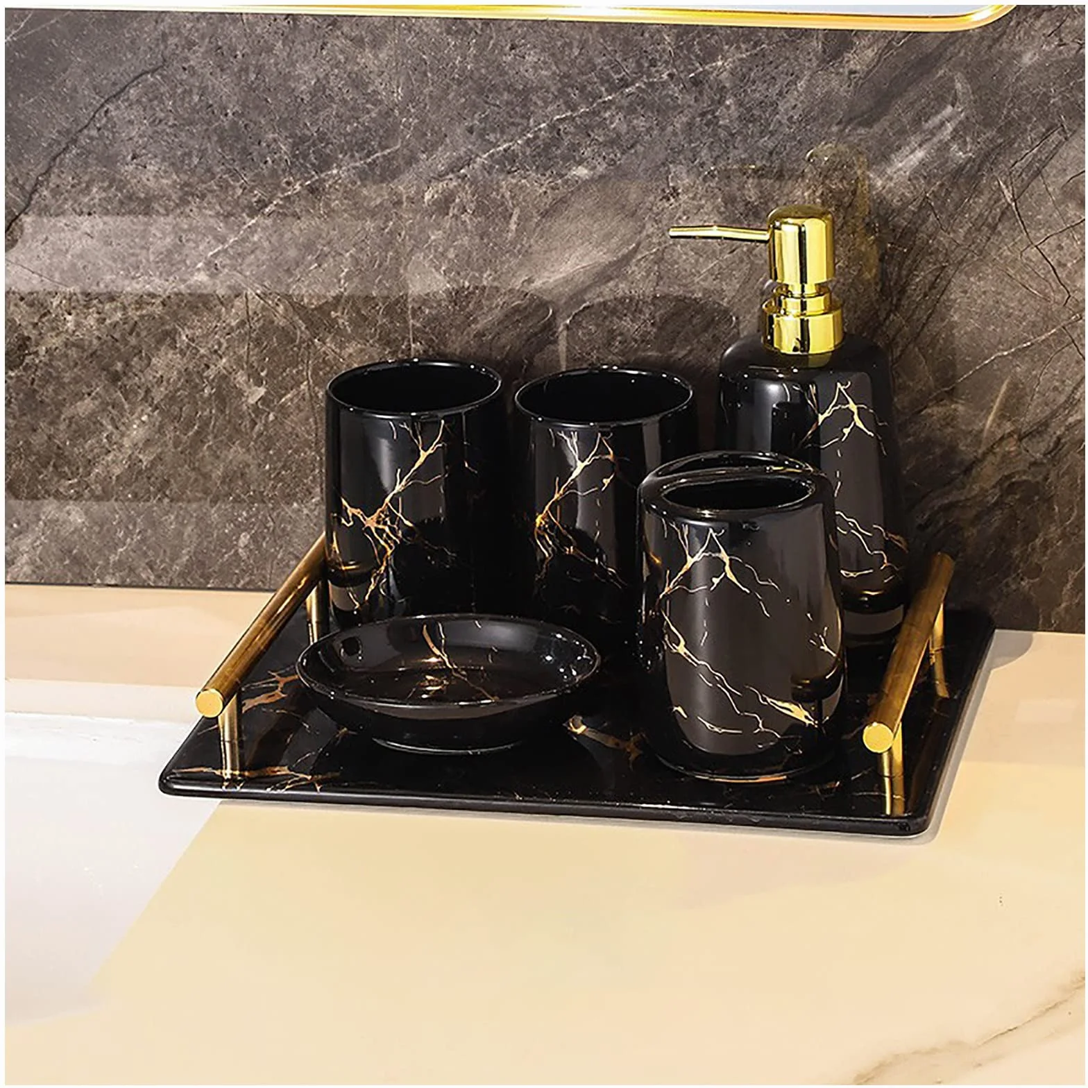 Juegos de Accesorios de baño, Acesorios Cuartos de Baño 5 Piezas con Dispensador Jabon Baño, Jabonera Baño, Porta Cepillo de Dientes, Bandeja, para Champú Gel de Ducha Cerámica