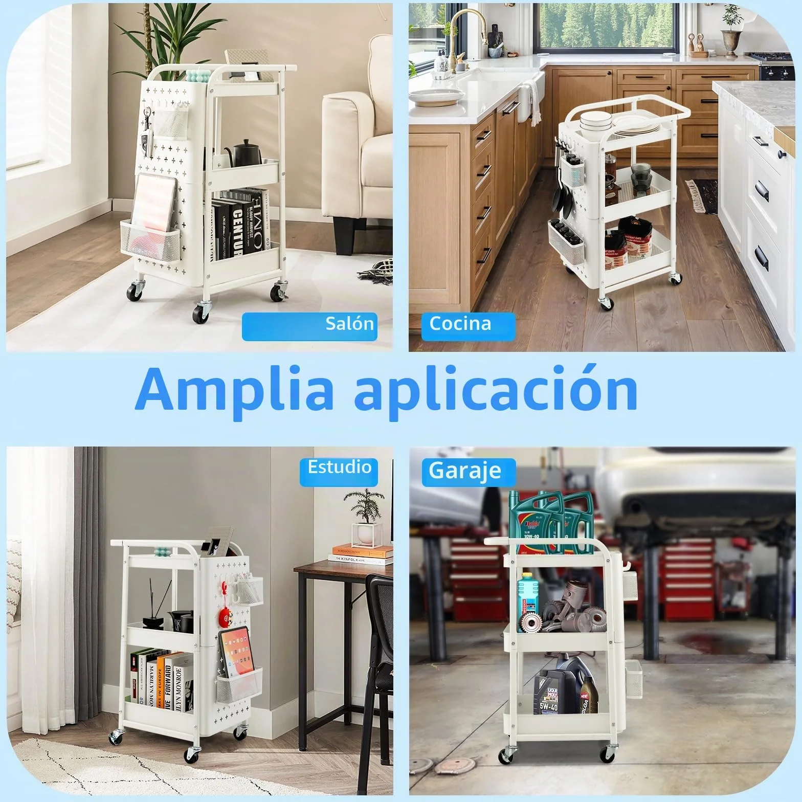 KOMFOTTEU Carro de Almacenamiento de 3 Niveles, Carrito Rodante con 2 Tablero de Clavijas, 2 Cestas y 4 Ganchos, Carro de Servicio de Metal para Cocina, Baño, Oficina, 52 x 33 x 75 cm (Blanco)