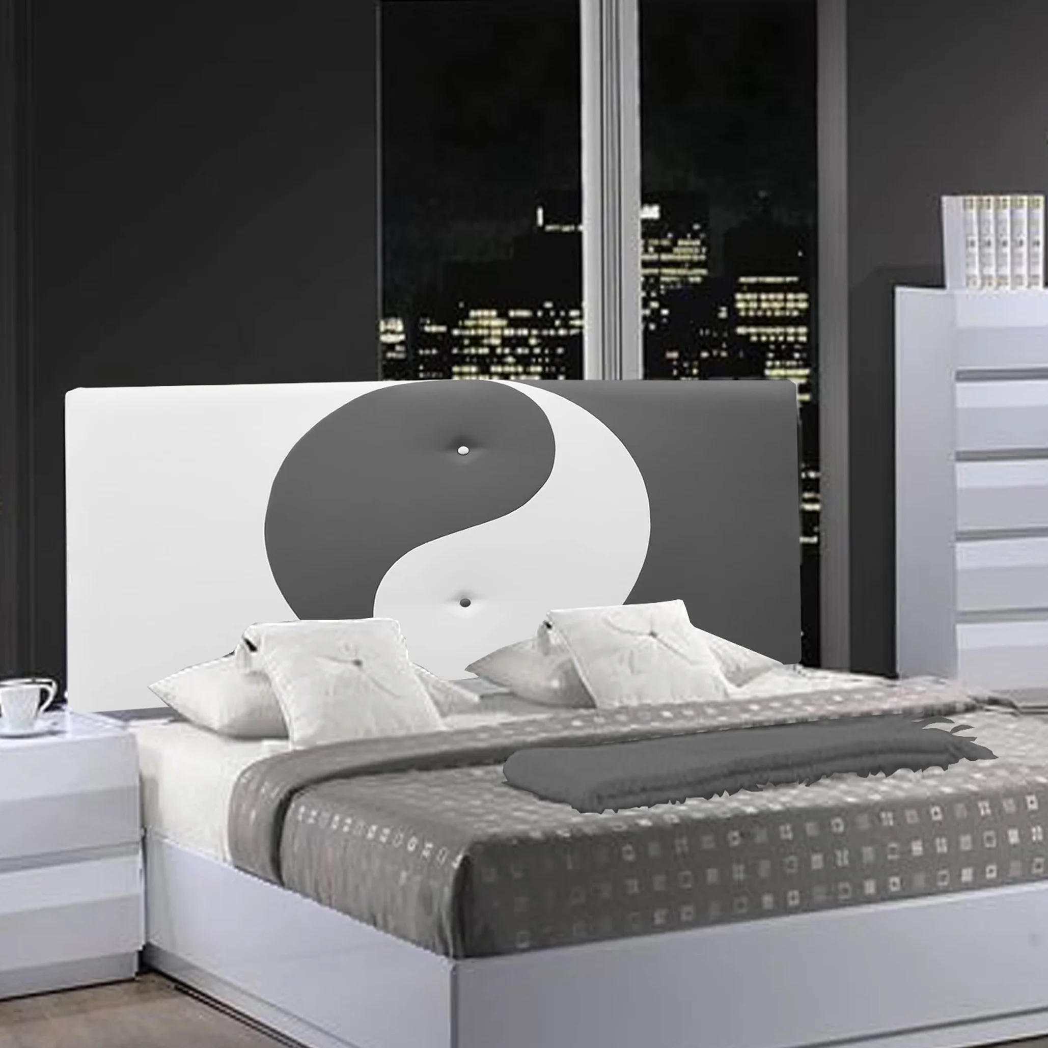 ONEK-DECCO Cabecero de Cama Mod.Ying Yang tapizado en Polipiel,Acolchado de Espuma Varias Medidas y Colores,Cabezal niños, Juvenil y Cama Matrimonio (160x70, Blanco-Gris)
