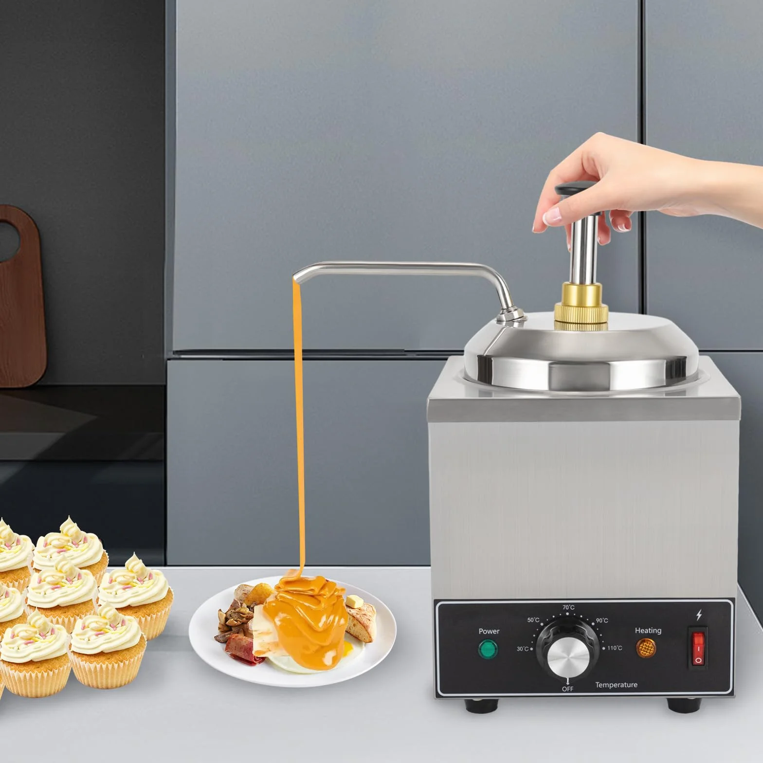 Dispensador de chocolate con bomba, calentador de salsa de acero inoxidable, capacidad de 2 litros, temperatura ajustable 30-110 ℃, ideal para cafés, snack bar y restaurantes para almacenar salsas y