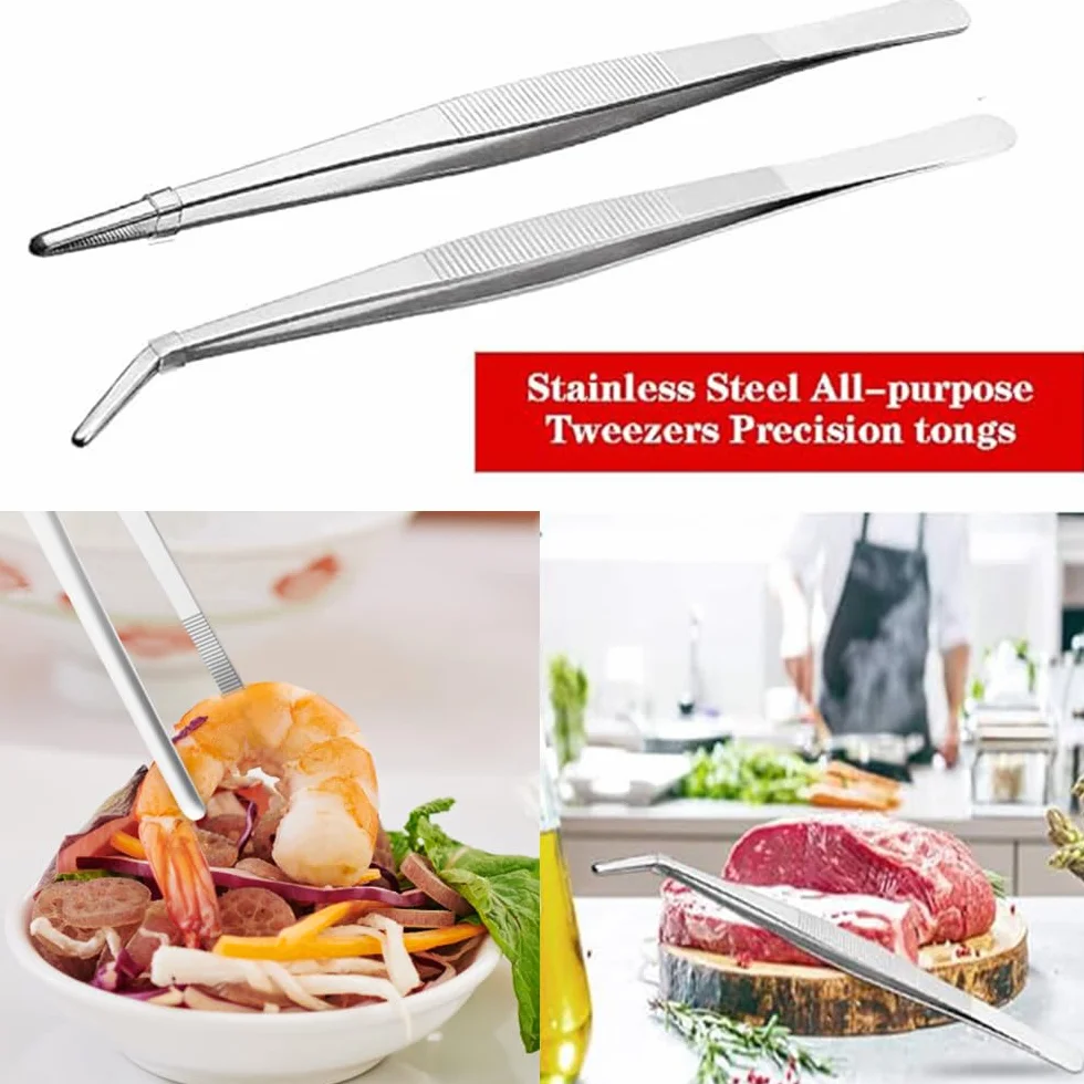 Pinzas de cocina de acero inoxidable de 8 pulgadas de largo, pinzas grandes resistentes para alimentos con puntas dentadas de precisión para cocinar (8 pulgadas rectas + curvas)