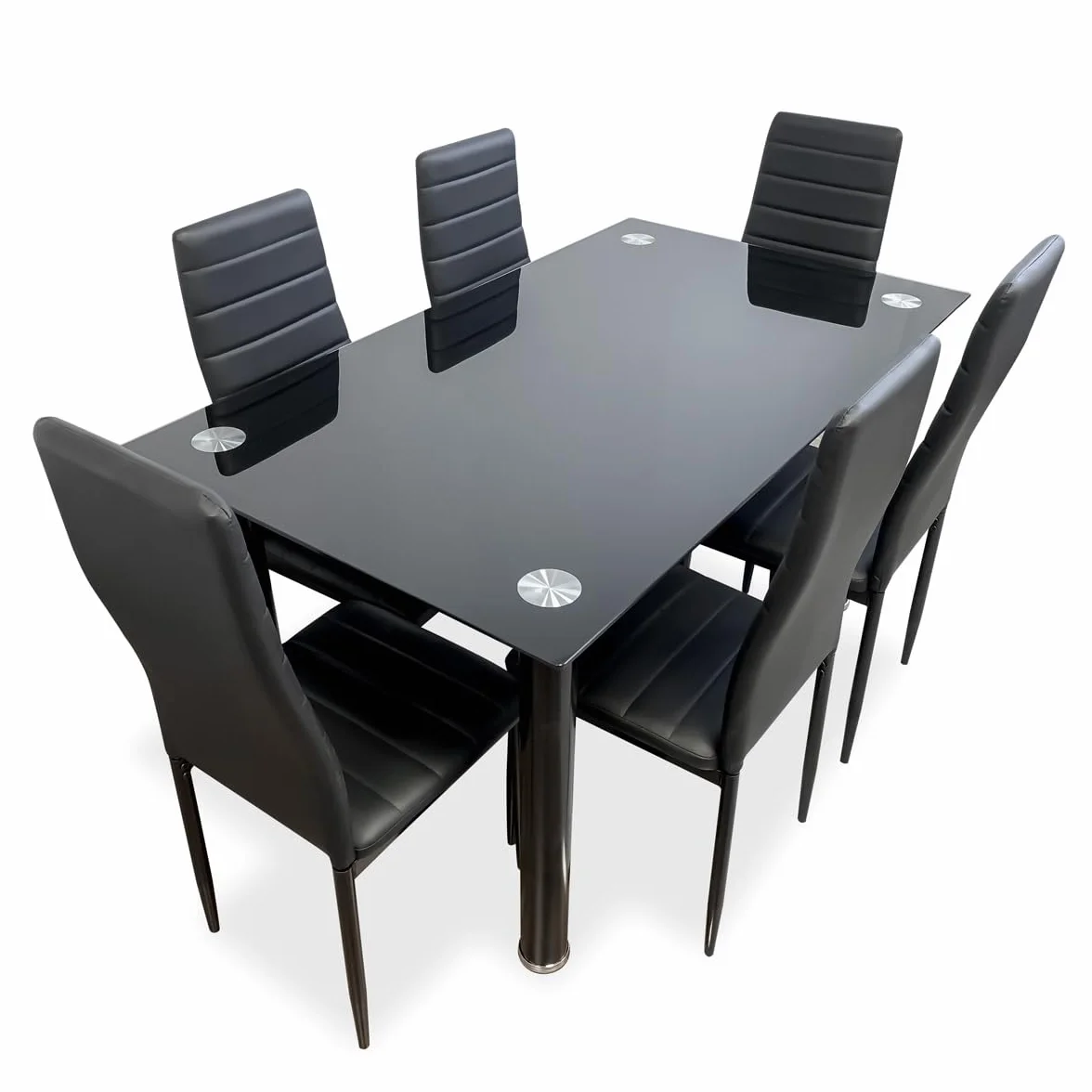Somnia Descanso - Pack Mesa de Cristal de Comedor o Cocina + 6 Sillas Color Negro a Juego, Modelo Tucan, Prácticas y Funcionales