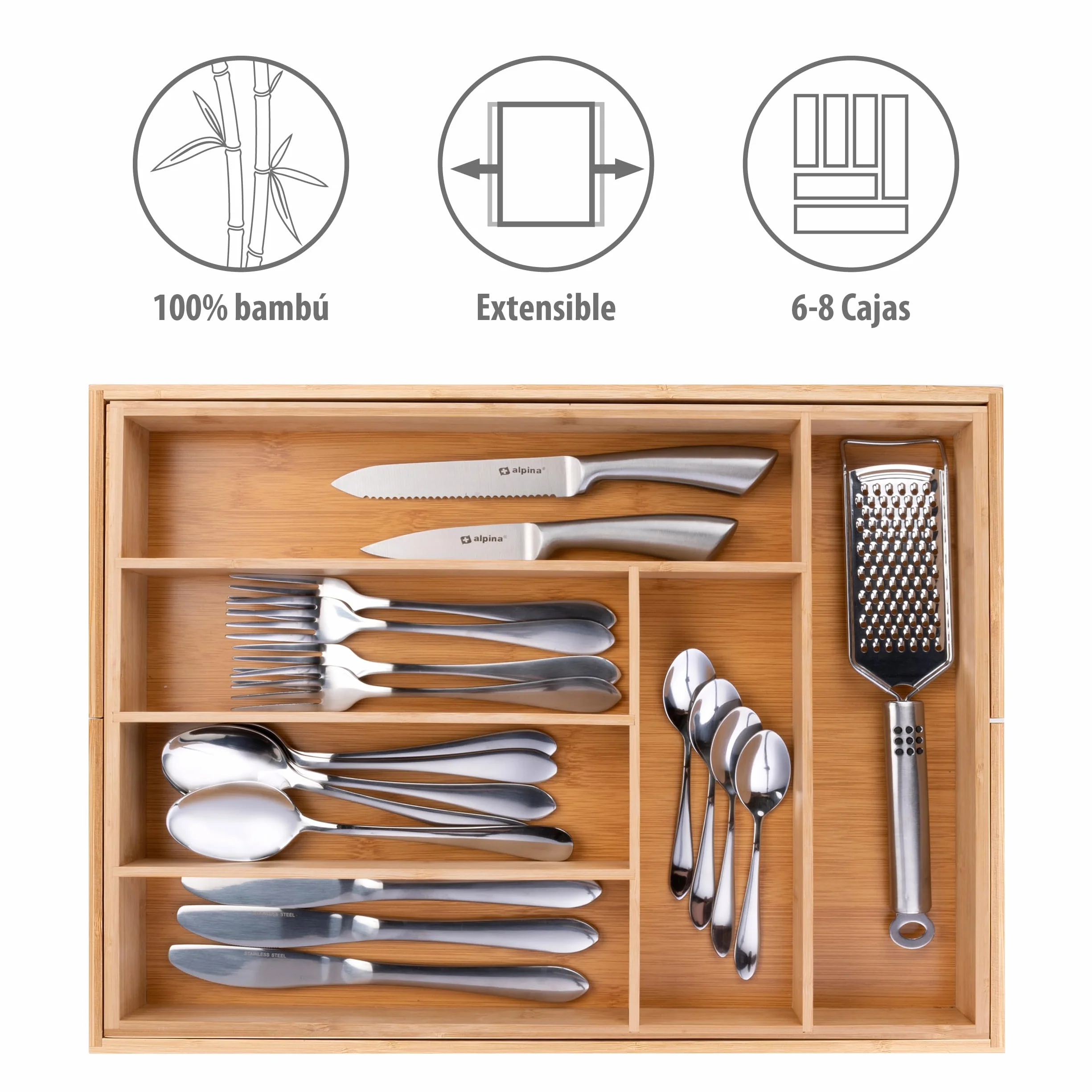 Organizador Cajones Alpina Extensible 46x34-56,5x6 cm 8 Compartimentos Bambú