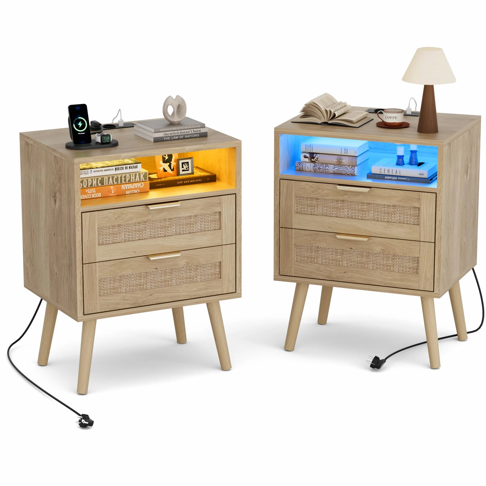 BonVache Mesitas de Noche Pack 2, Luz Regulable en Color, Toma de Corriente integrada y Puertos USB-A y C, Compartimento Abierto y 2 cajones de caña, Patas de Madera Maciza, Estilo ratán Natural