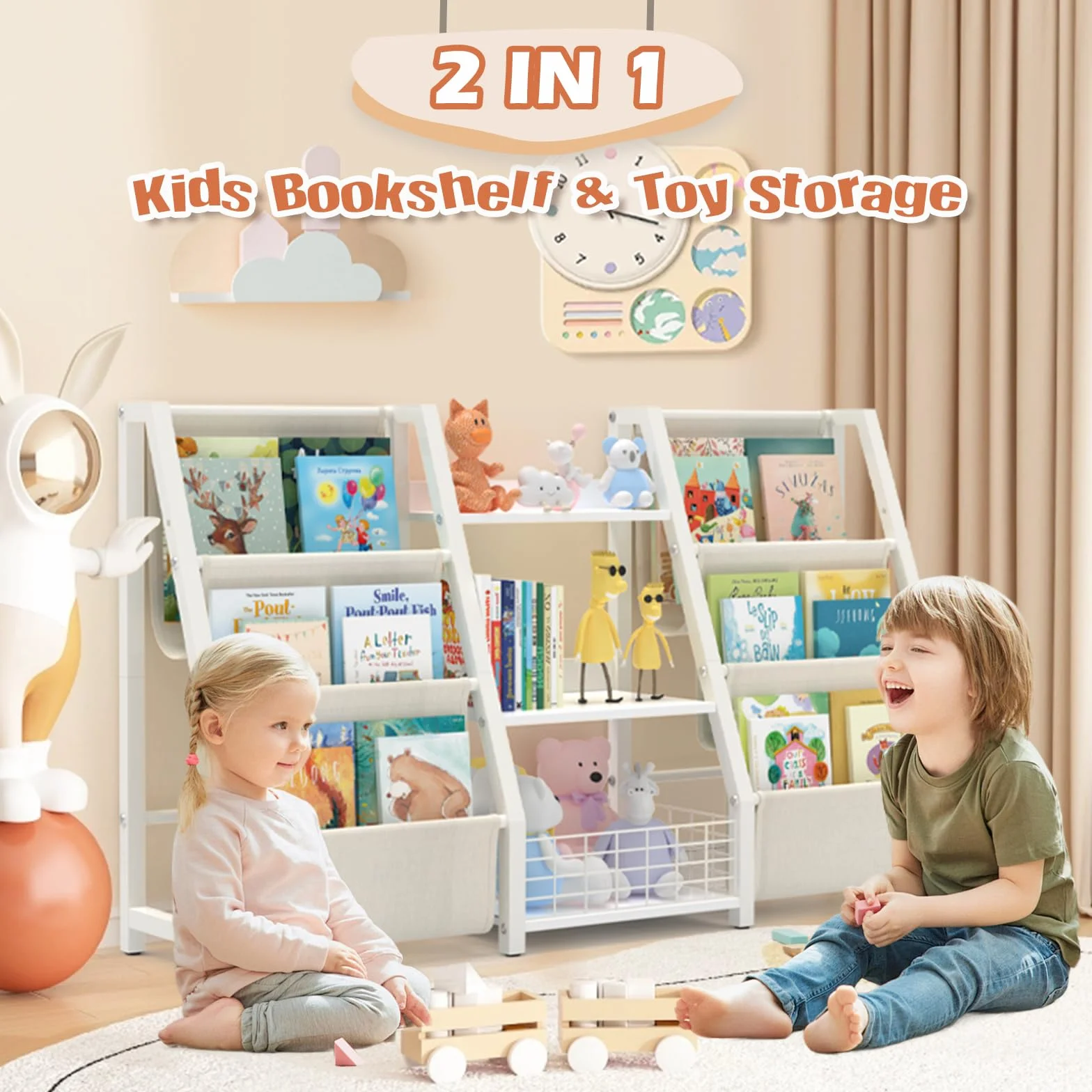 BORISI Estantería Montessori Infantil - Libreria con 6 Niveles, Estante Organizador de Juguetes y Libros para Niños, Mueble de Almacenaje para Dormitorio, 124x30x75 cm, Blanco