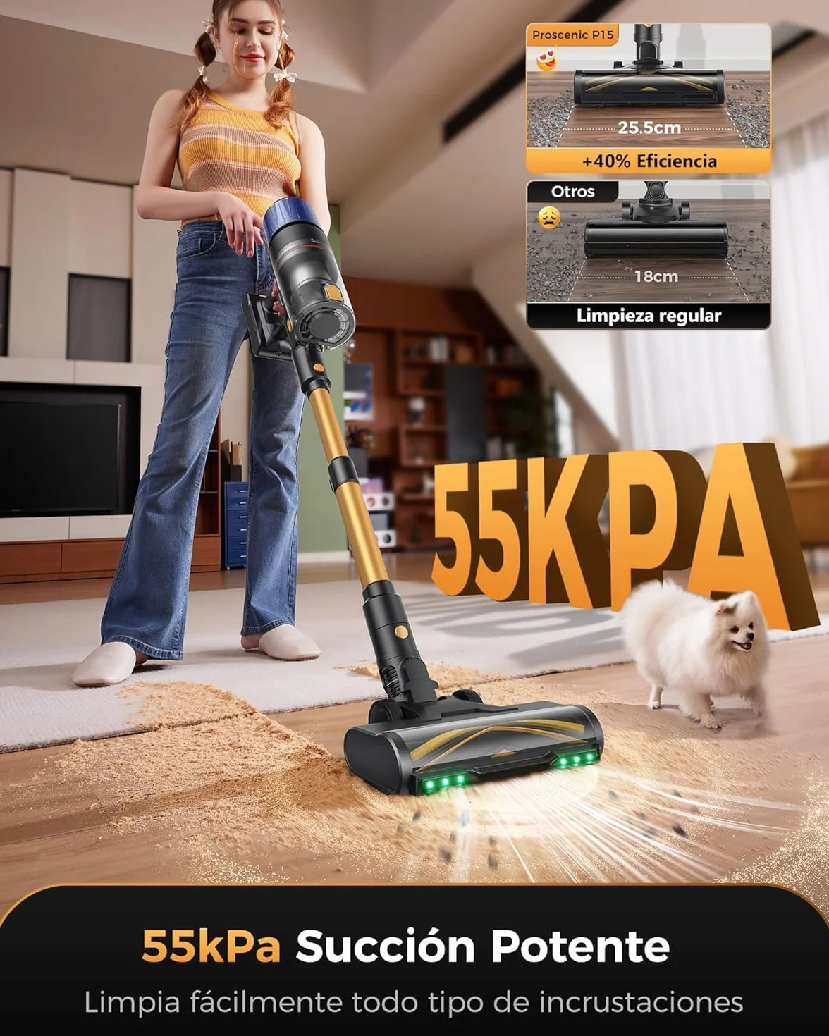 Proscenic P15 Aspiradora sin Cable 55kPa/70Mins, Aspiradora Escoba Vertical Potente con Pantalla Táctile LED, Antienredo y Modo Automático para Suelos/Alfombras/Pelo de Animales