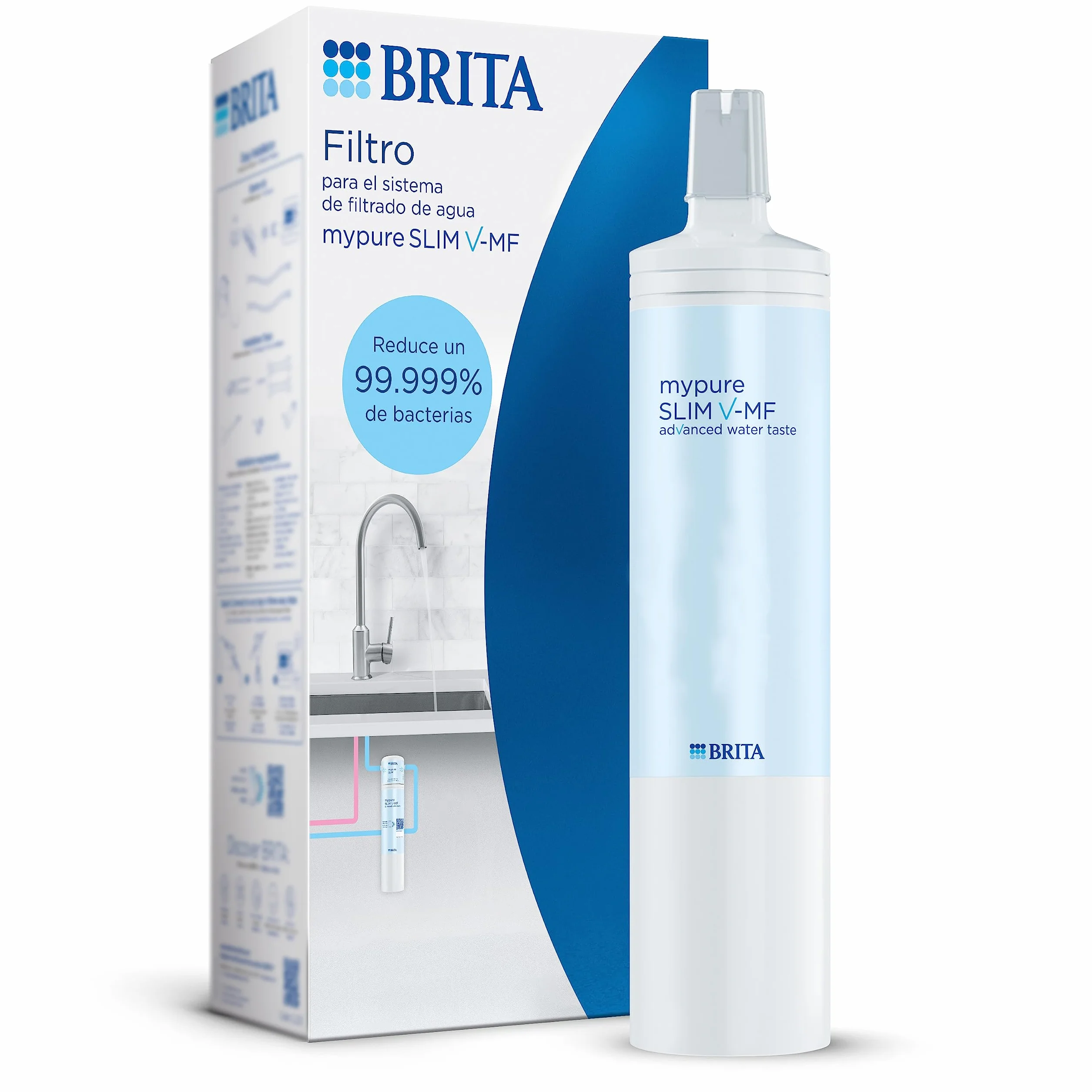 BRITA Cartucho filtrante para mypure SLIM V-MF, 1 filtro de agua (8000L) - recambio para el sistema de filtro debajo del fregadero para un agua libre de 99,999% de bacterias y con un sabor avanzado.