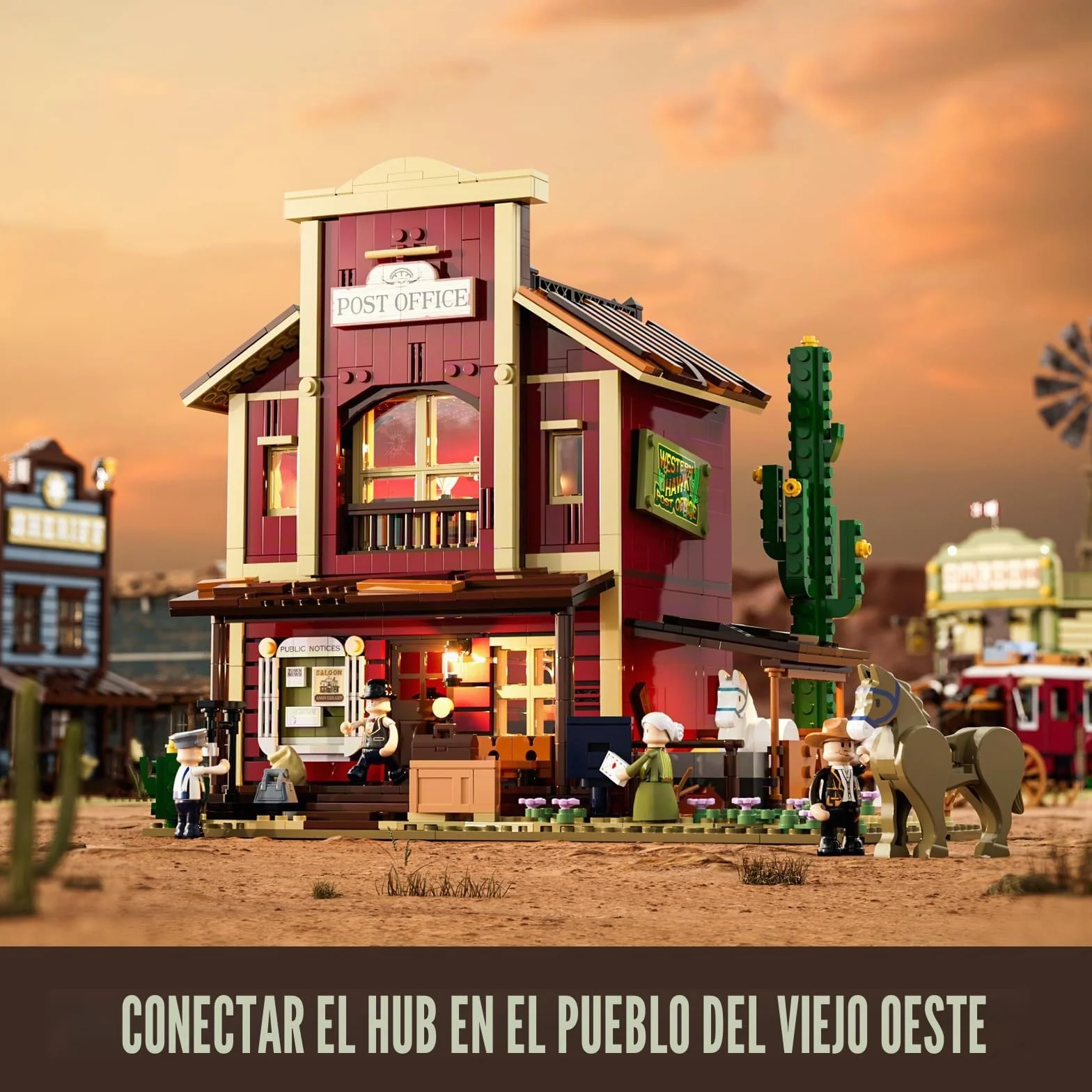 FUNWHOLE Oficina Postal del Oeste – 1692 Piezas | Edificio Modular del Lejano Oeste con 6 Luces LED, Pueblo Vaquero para Adultos y Coleccionistas | Compatible con Serie Western