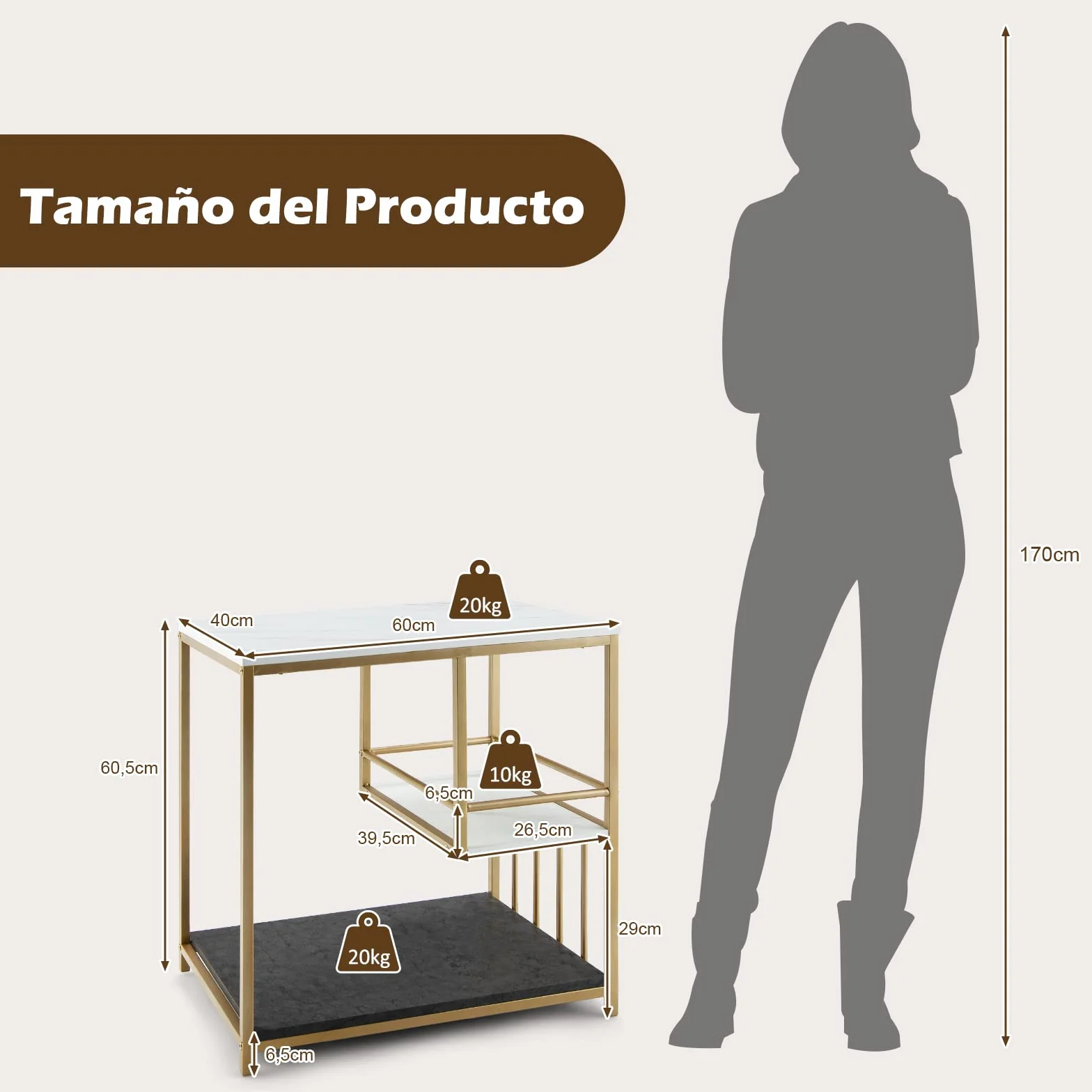 COSTWAY Mesa Auxiliar Blanca, Mesa con 3 Niveles y Estructura en Acero Pintada Dorada, Mesita Moderna para Salón Dormitorio, Fácil de Montar, Mármol y Oro 60 x 40 x 60,5 cm