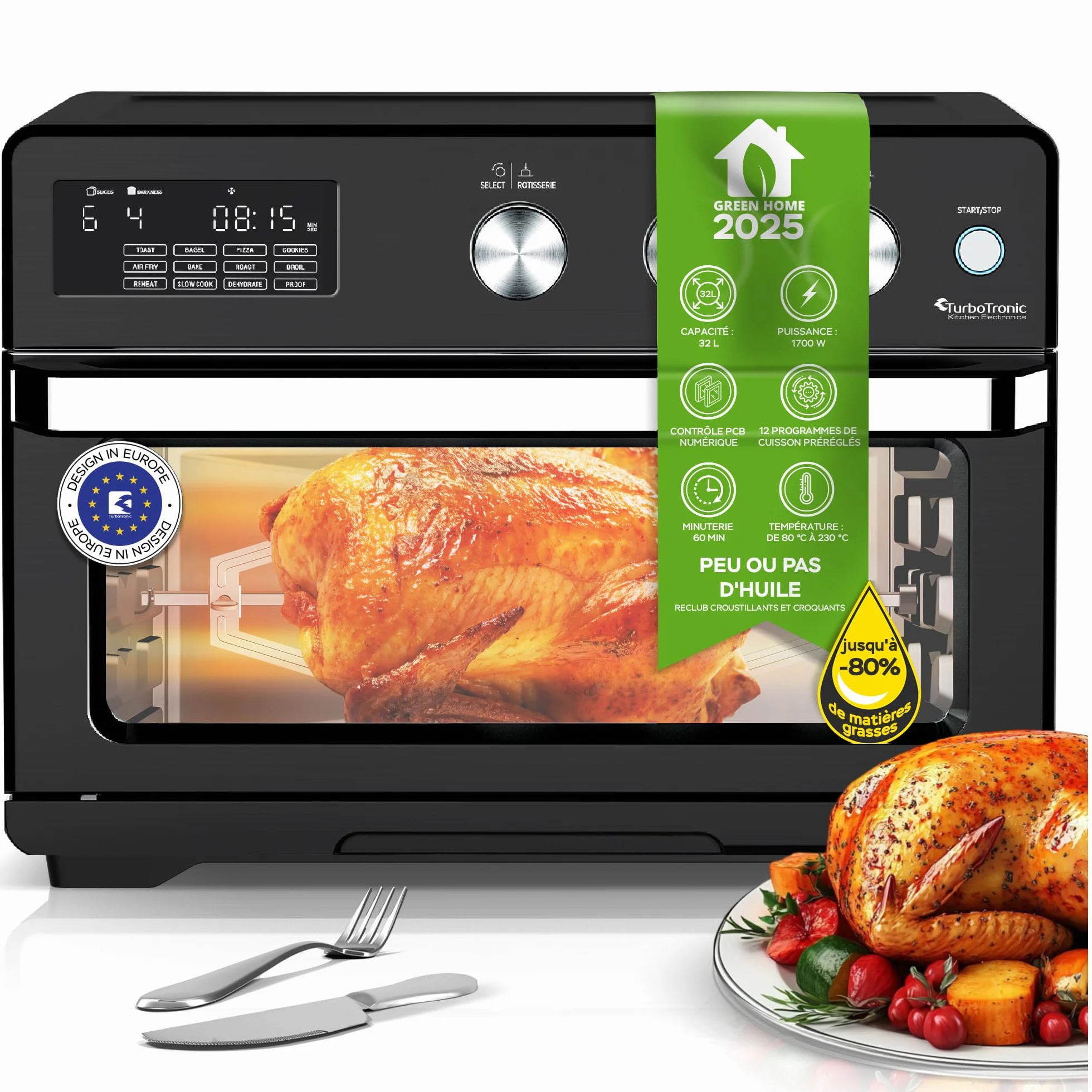 TurboTronic Horno de Aire Caliente XXL 32L con Spiedo Giratorio, 5 en 1: Horno, Deshidratador, Freidora sin Aceite, desde 25°C, Potencia 1700W