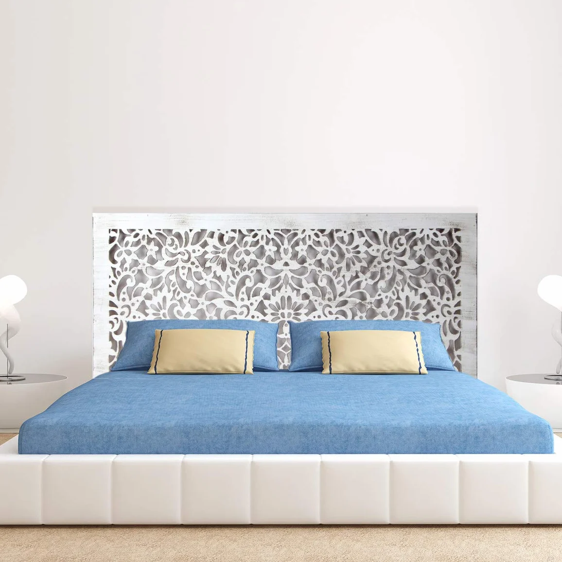 Cabecero de Cama en Madera Calada, para Cama de Matrimonio o Juvenil. Fabricado artesanalmente en España- Varios tamaños y Colores Disponibles. Decorado a Mano- (100x70 cm, 154 blanco envejecido)