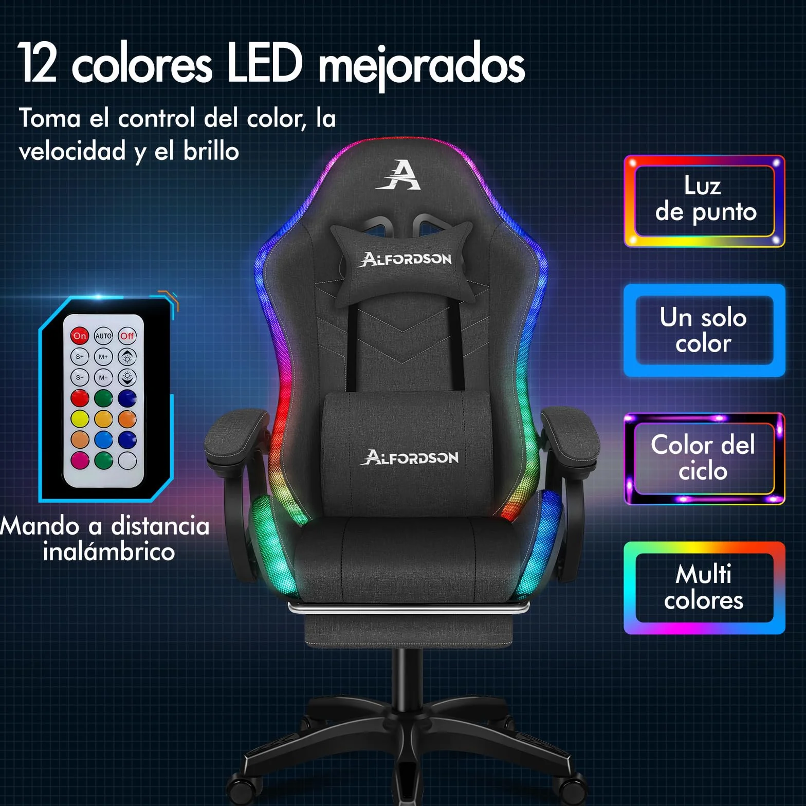 ALFORDSON Silla Gaming con Masaje y LED, Silla Gamer Ergonómica con Cojín Lumbar y Cervical, Reposapiés Telescópico, Iluminación para Ordenador, Videojuego, Juegos, Oficina, Lino(Gris Oscura)