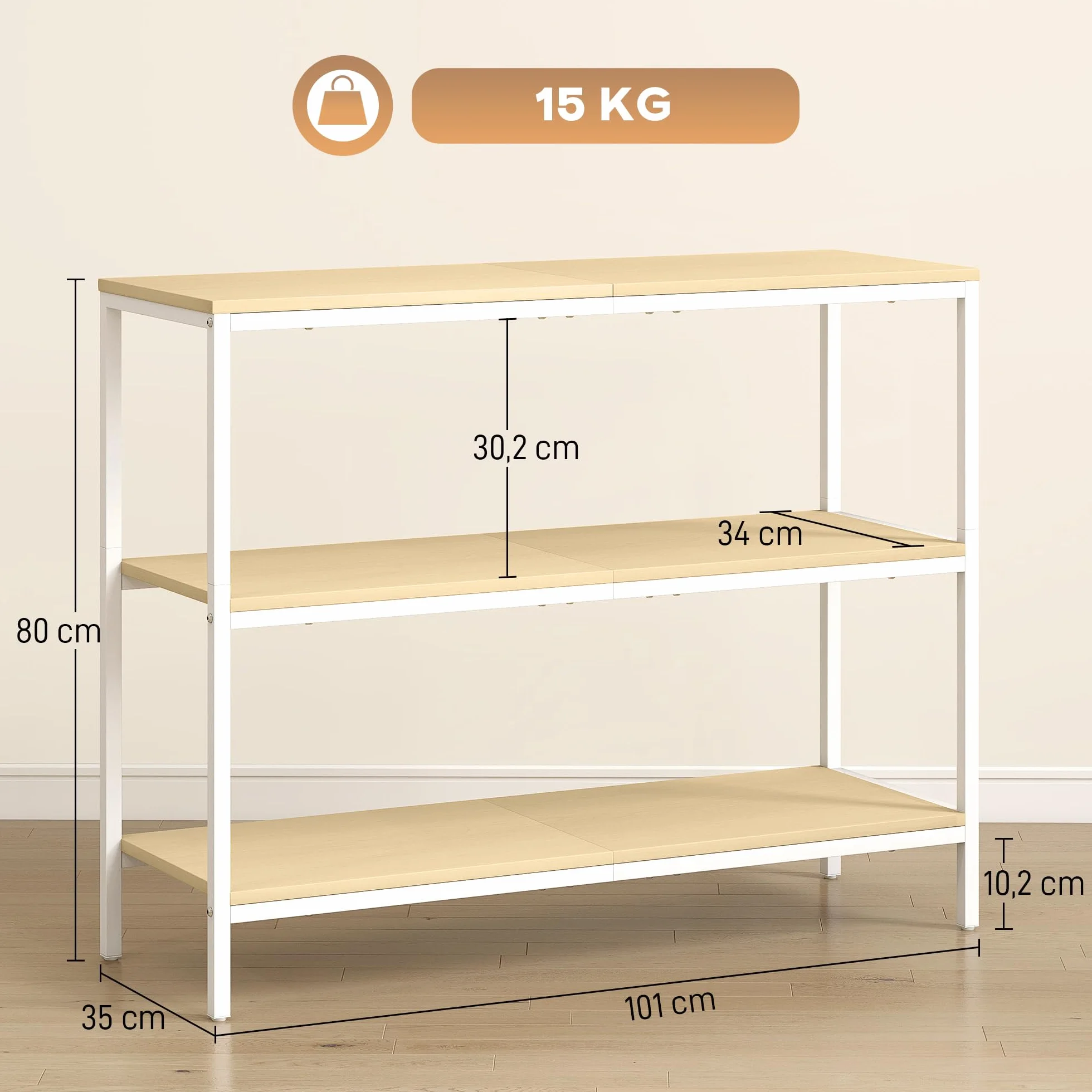 HOMCOM Mesa de Consola Estrecha Moderna 101x35x80 cm Natural y Blanco | Consola de Recibidor, Mesa de Recibidor, 3 Estantes Abiertos, Patas de Metal, Pasillo Entrada Salón Dormitorio