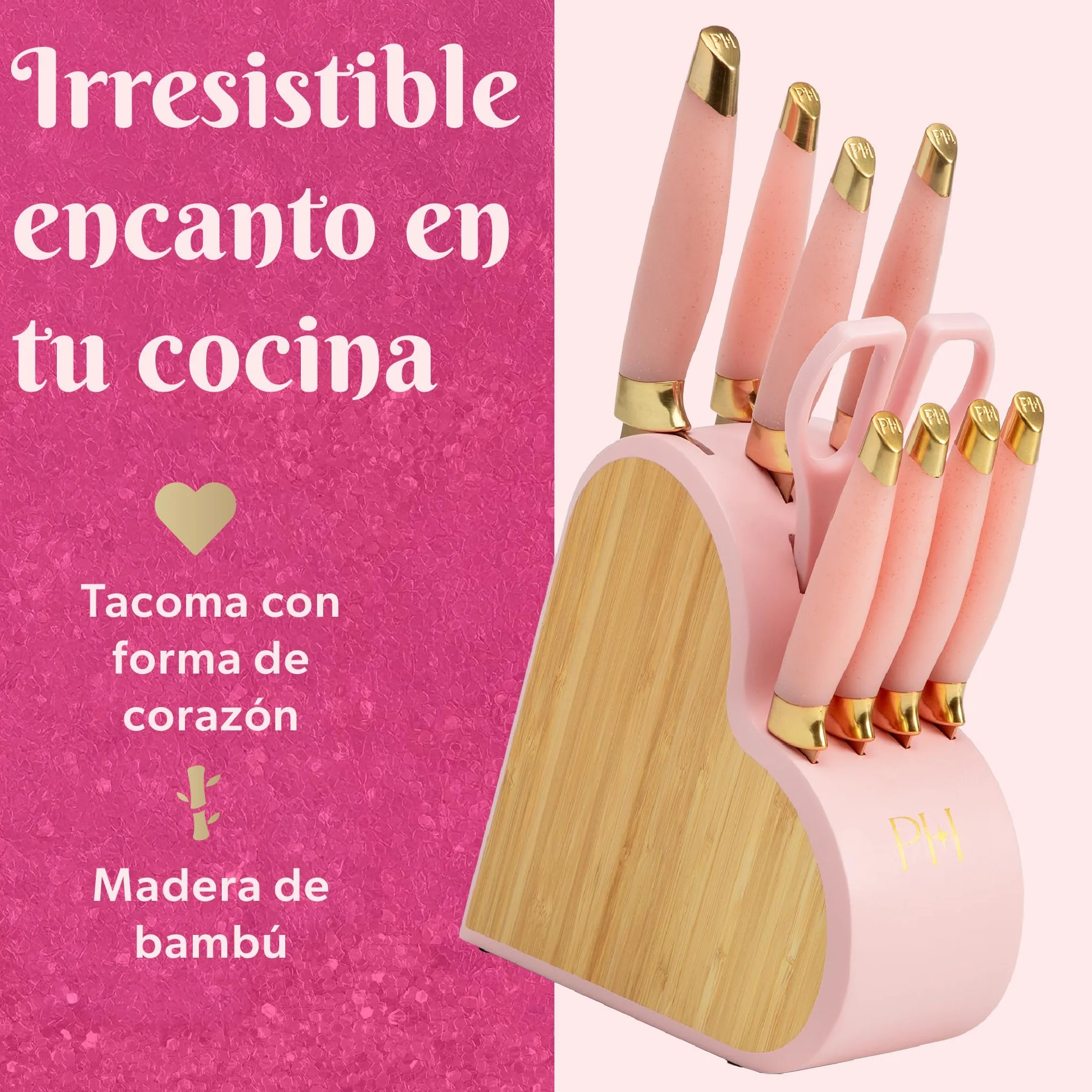 Set de Cuchillos Paris Hilton en Bloque de Bambú, 10 Piezas con Mangos Rosados y Cuchillas Doradas, Ideal para Regalo