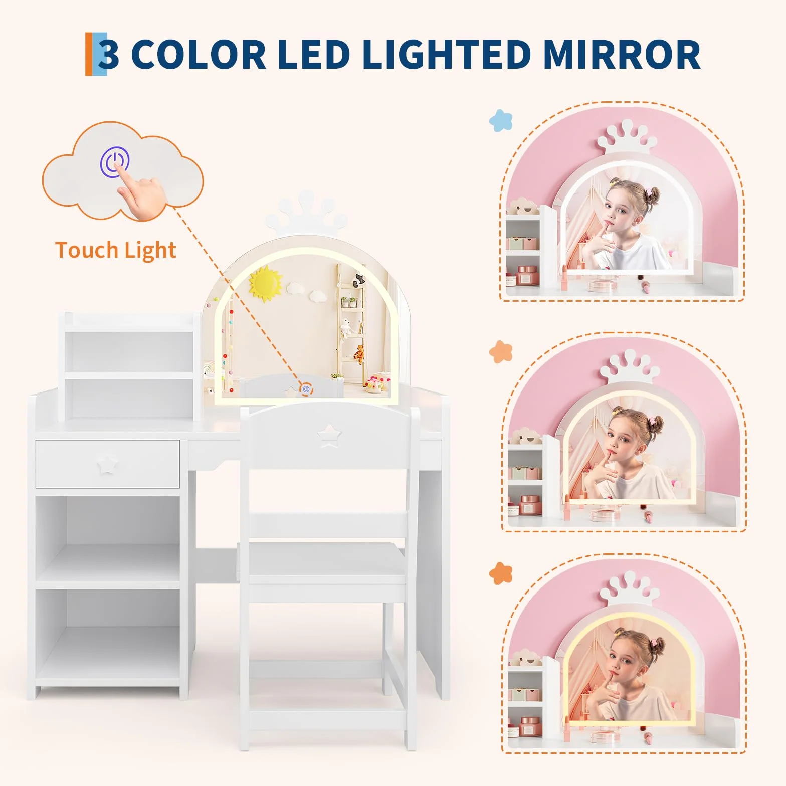 Tocador de Maquillaje Niña 2 en 1 con Escritorio, Luz LED, Espejos y Taburete