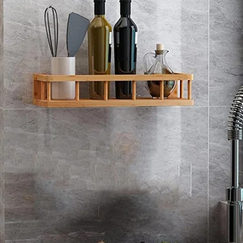 Exquisitos estantes de baño, carrito de ducha, estante de especias, madera de bambú, baño, cocina, estante de almacenamiento de pared, sin perforaciones, para colgar en la pared, condimento, organizad