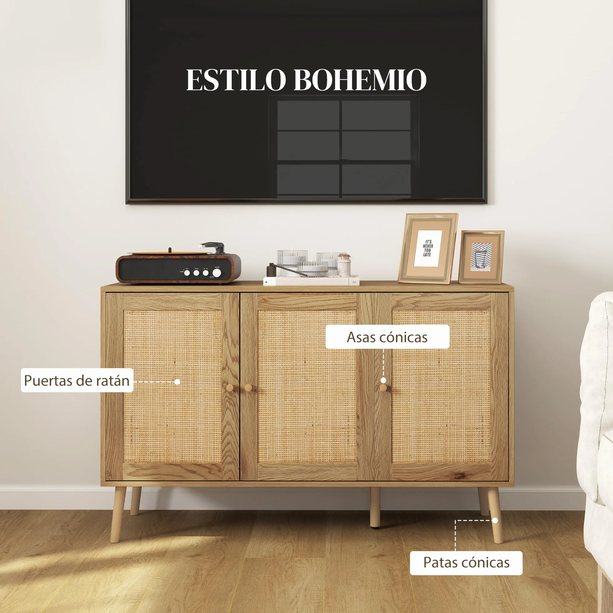 HOMCOM Aparador con 3 Puertas de Ratán, Estantes Ajustables, Madera Natural, 120x40x75 cm