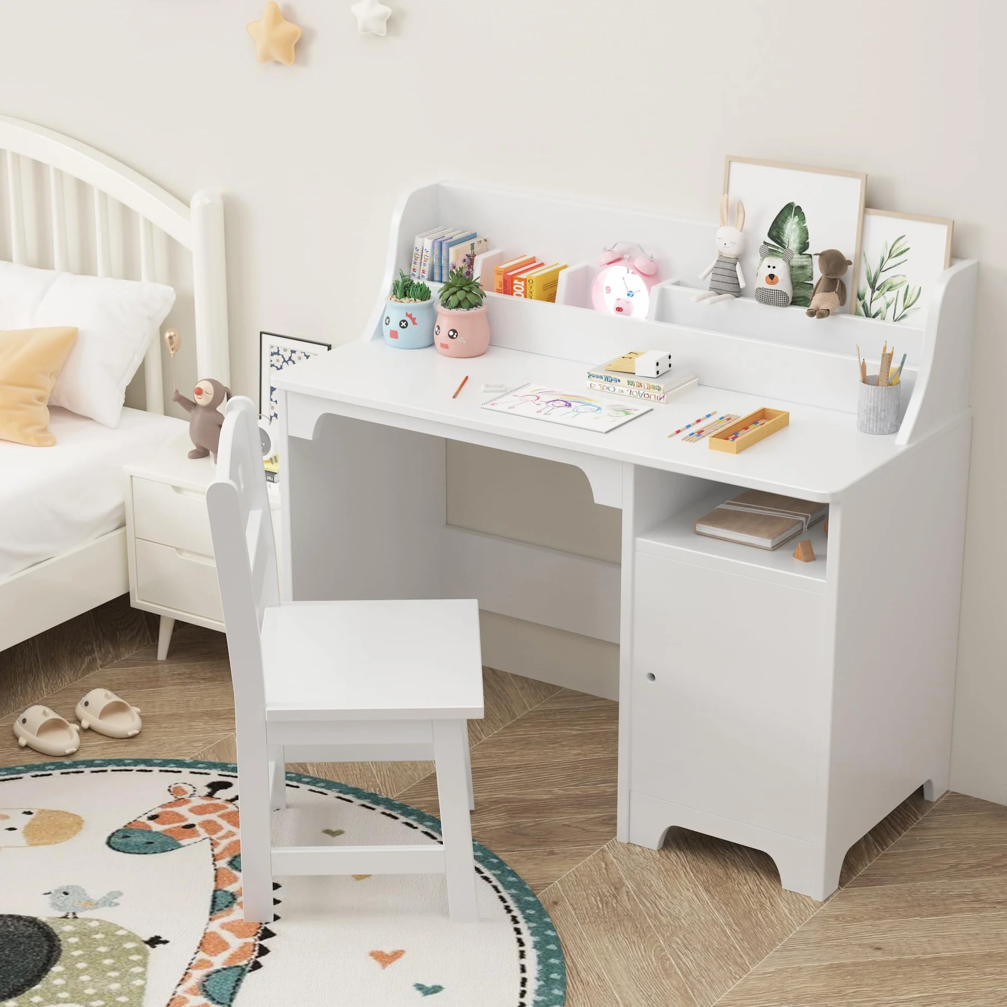 Garvee Escritorio de estudio para niños con silla, mesa de estudio de madera para niños con cabaña y armario de almacenamiento para niños y niñas de 3 a 12 años, escritorio de escritura para