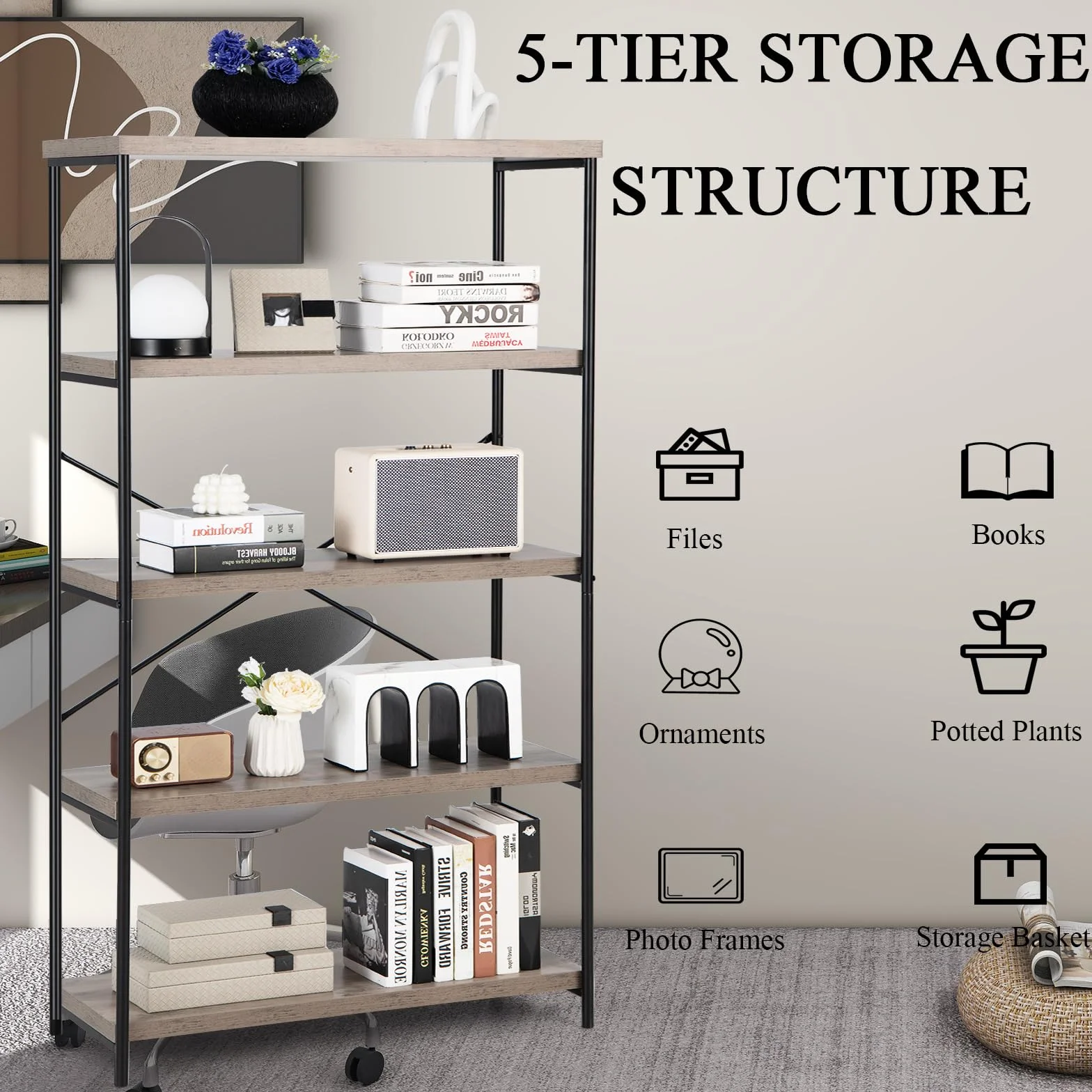 HOMASIS Librería con 5 niveles, estantería independiente con estructura metálica, cada estante puede soportar hasta 20 kg, para salón, dormitorio, estudio, 79 x 35 x 160 cm, diseño industrial (Gris)