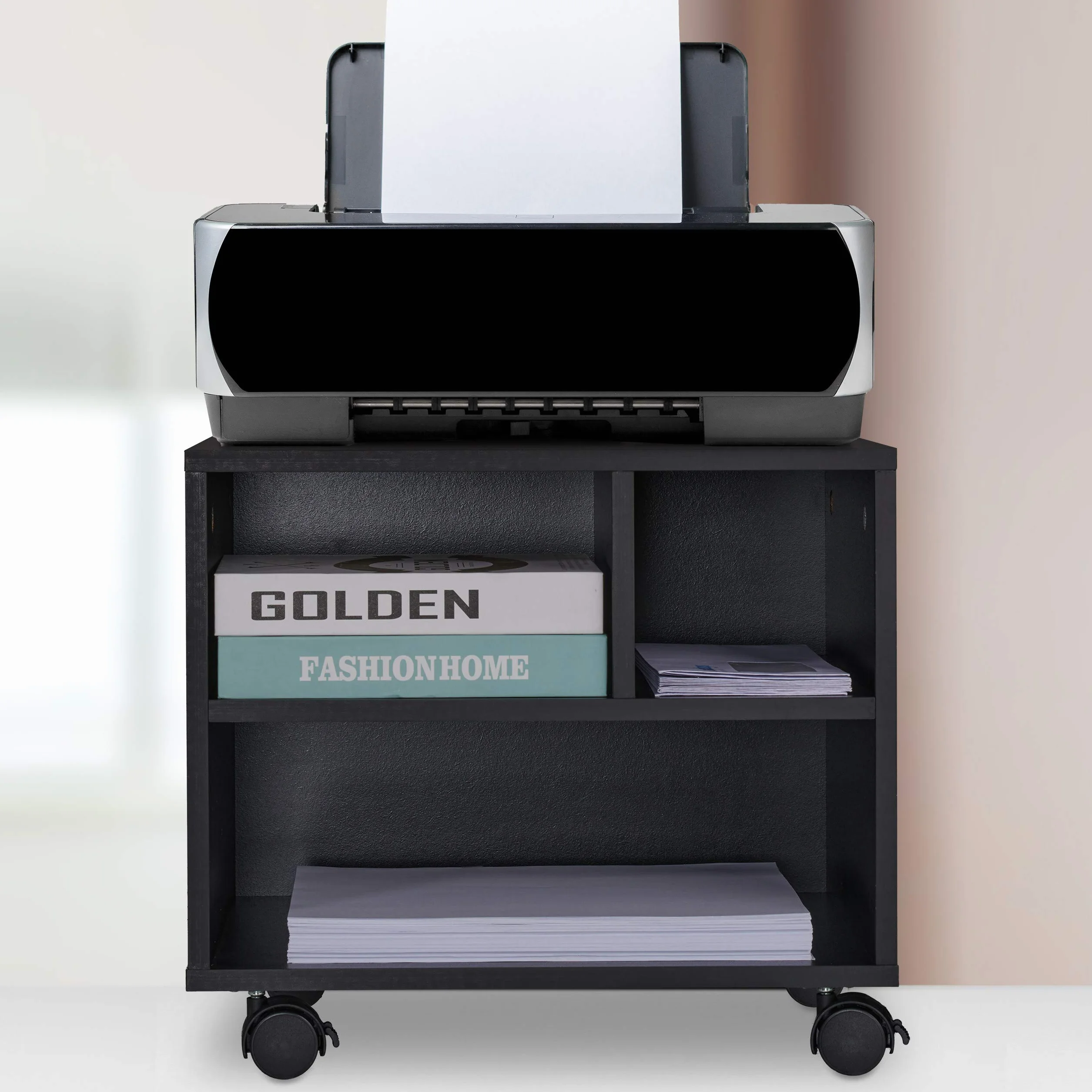 Relaxdays Mueble Auxiliar Impresora, 3 Compartimentos Abiertos, Oficina y Teletrabajo, Ruedas, 35,5 x 40 x 30 cm, Negro