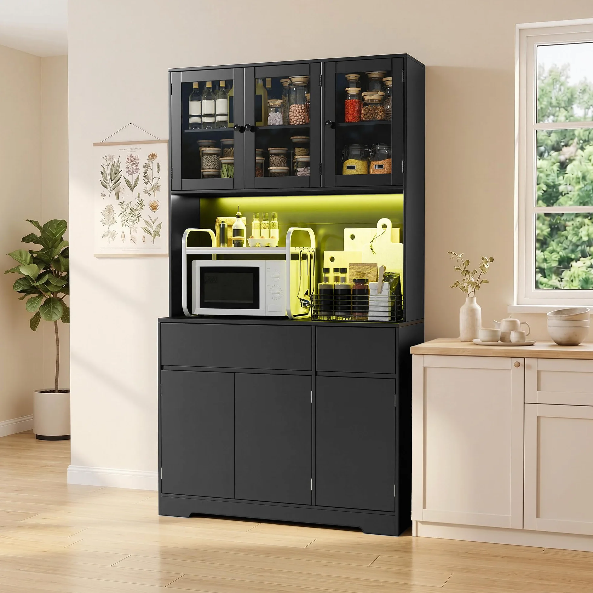 Armario Cocina Alto con LED y Enchufe, Mueble Auxiliar con Vitrina 6 Puertas 2 Cajones, 100x38,5x180 cm