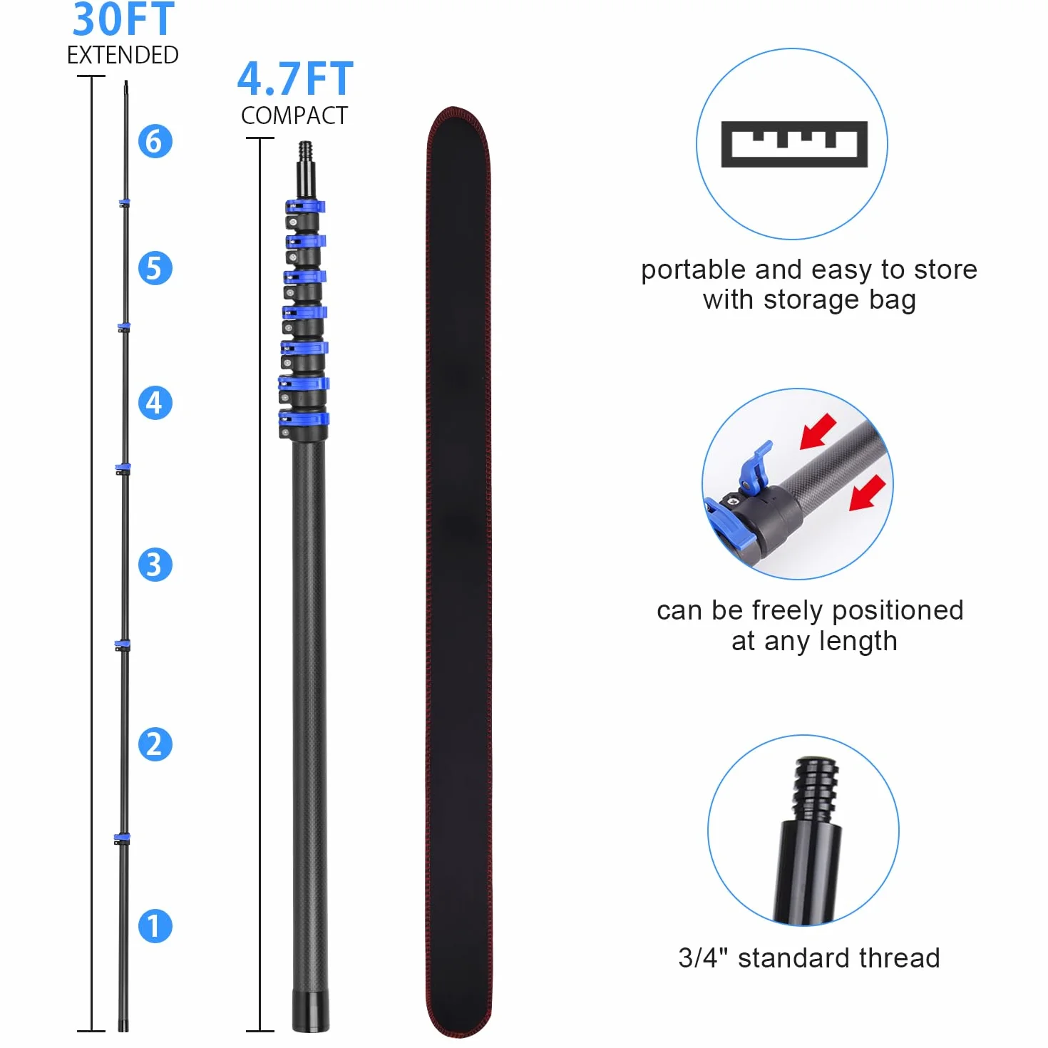 Palo Extensible de Fibra de Carbono 9,15m - Ultra Ligera y Resistente, Estable Sin Sacudidas en Extensión Máxima, Conector de Rosca Universal, Multiusos para Limpieza de Alturas, Piscinas y Pintura