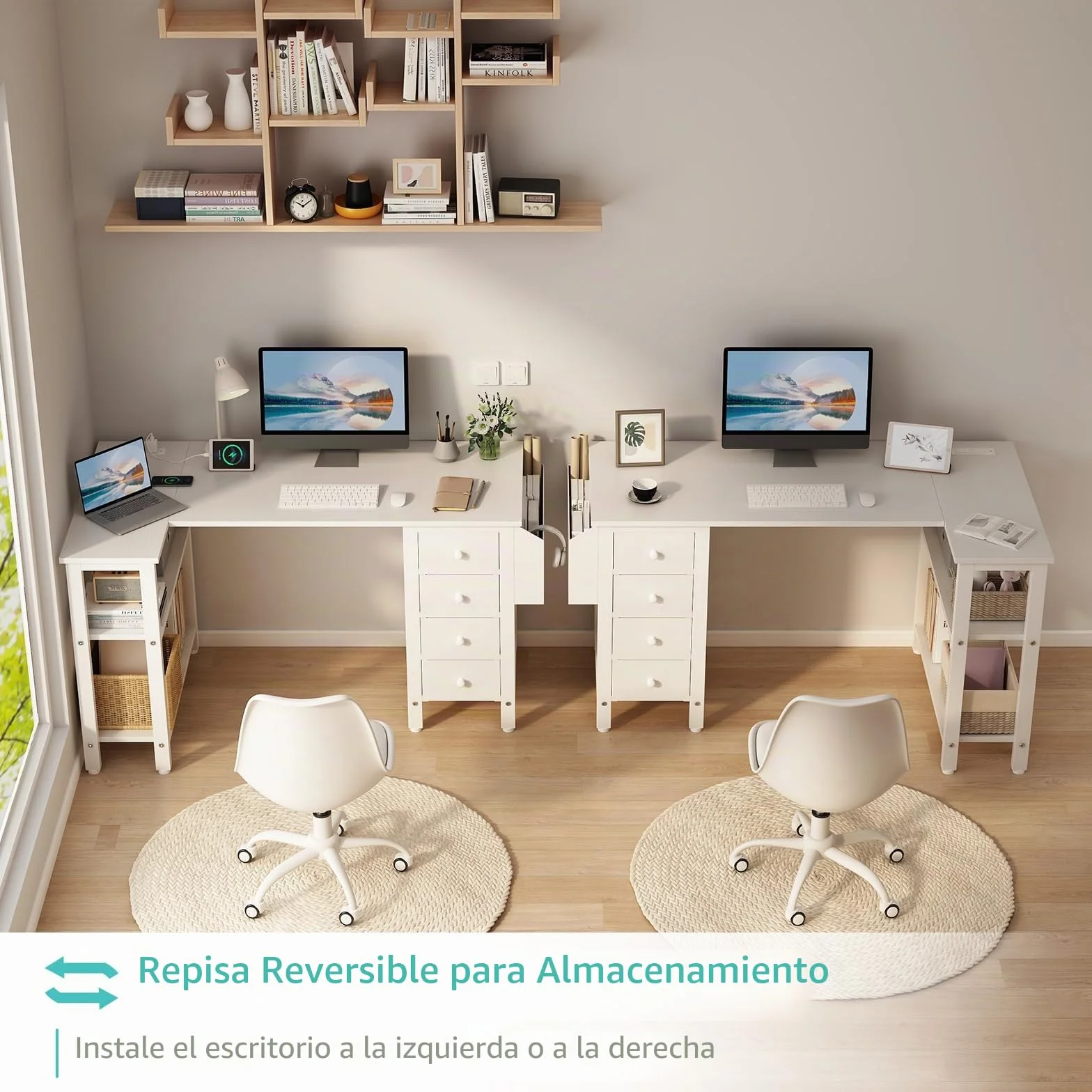 Lufeiya Mesa Escritorio Blanco con Cajones y Enchufes,Escritorio Esquinero con 4 Cajones 120CM Escritorio en l L para Oficina Juveniles Estudio（Enchufes Europea