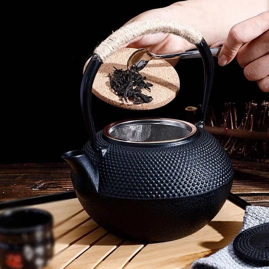 Tetera Juego de colador de infusor de Tetera de Hierro Fundido para Tetera, Color Negro con Filtro de Acero Inoxidable, 1,2 l Tetera Hierro Fundido