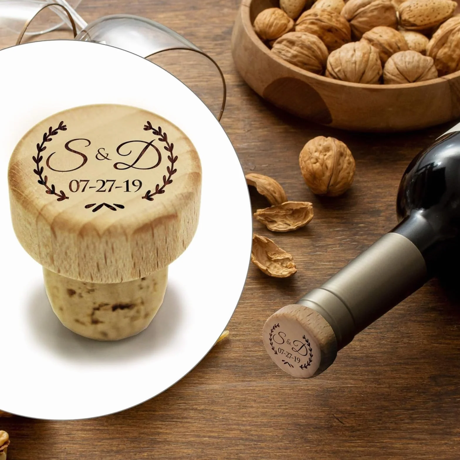 Tapones de vino de corcho personalizados grabados para boda (90 unidades)