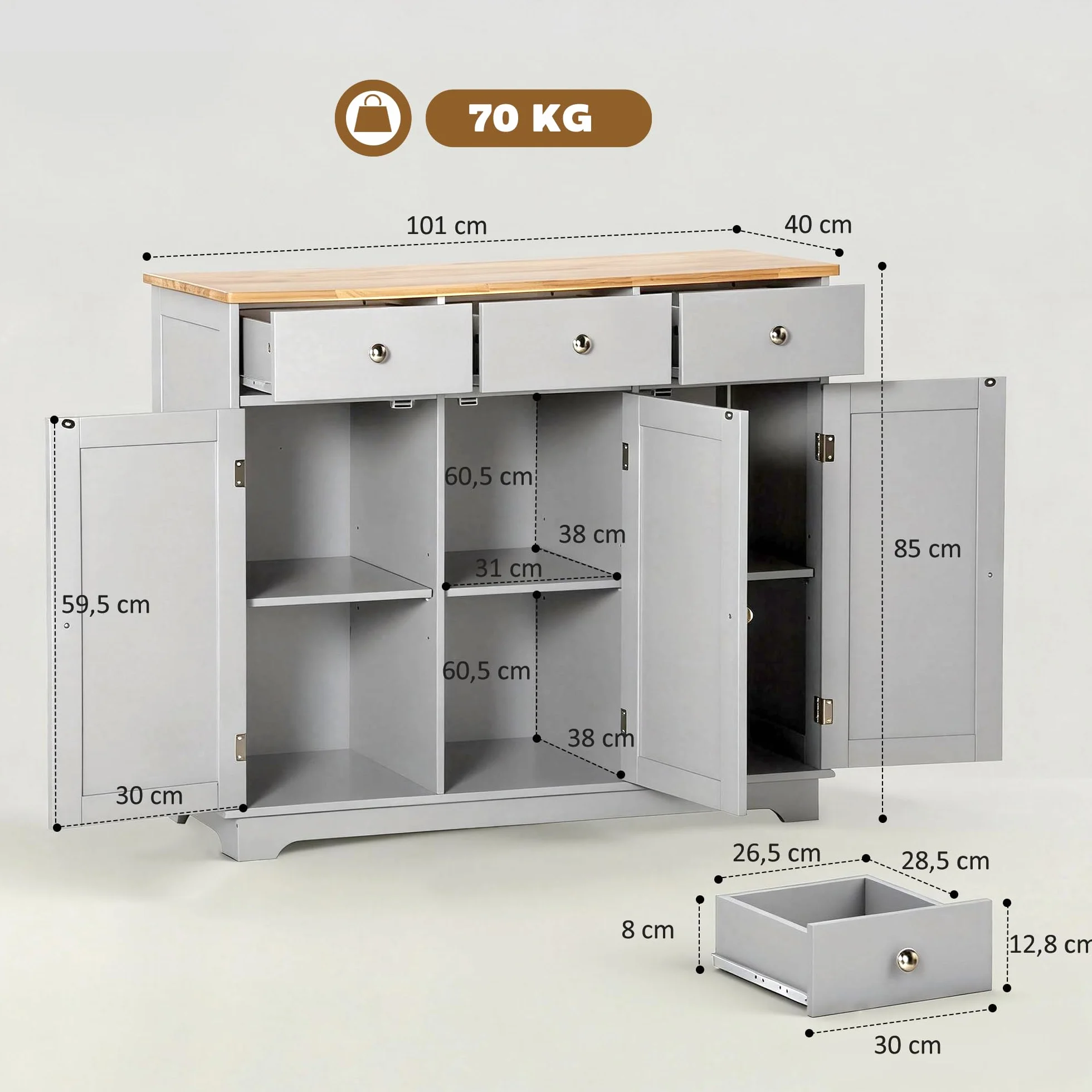HOMCOM Aparador de Cocina 3 Cajones 3 Puertas Estantes Ajustables Mueble Auxiliar Almacenaje 101x40x85 cm Gris