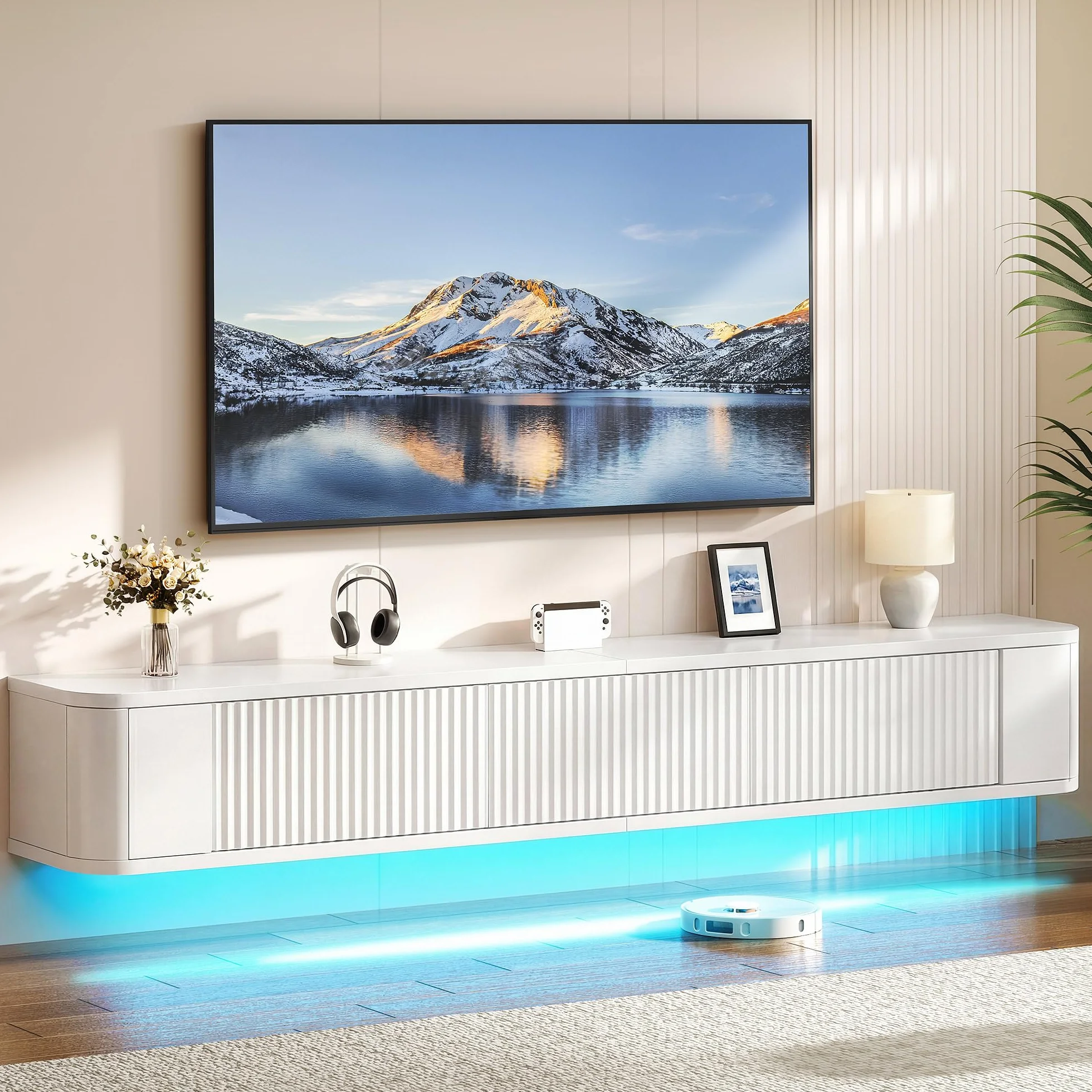 YITAHOME Soporte Flotante de TV de 180 cm, estantes de TV montados en la Pared con luz LED RGB, Consola Multimedia de TV Blanca de Alto Brillo, Armario de TV Flotante de Gran Almacenamiento para Sala