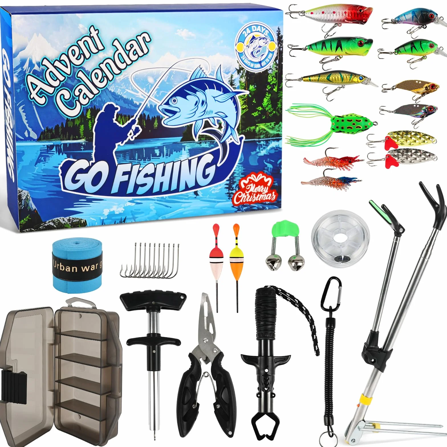 Calendario de Adviento de pesca 2025 para adultos, hombres, adolescentes y niños, kit de accesorios de aparejos de pesca de 24 días, regalos de pesca de cuenta regresiva de Navidad con