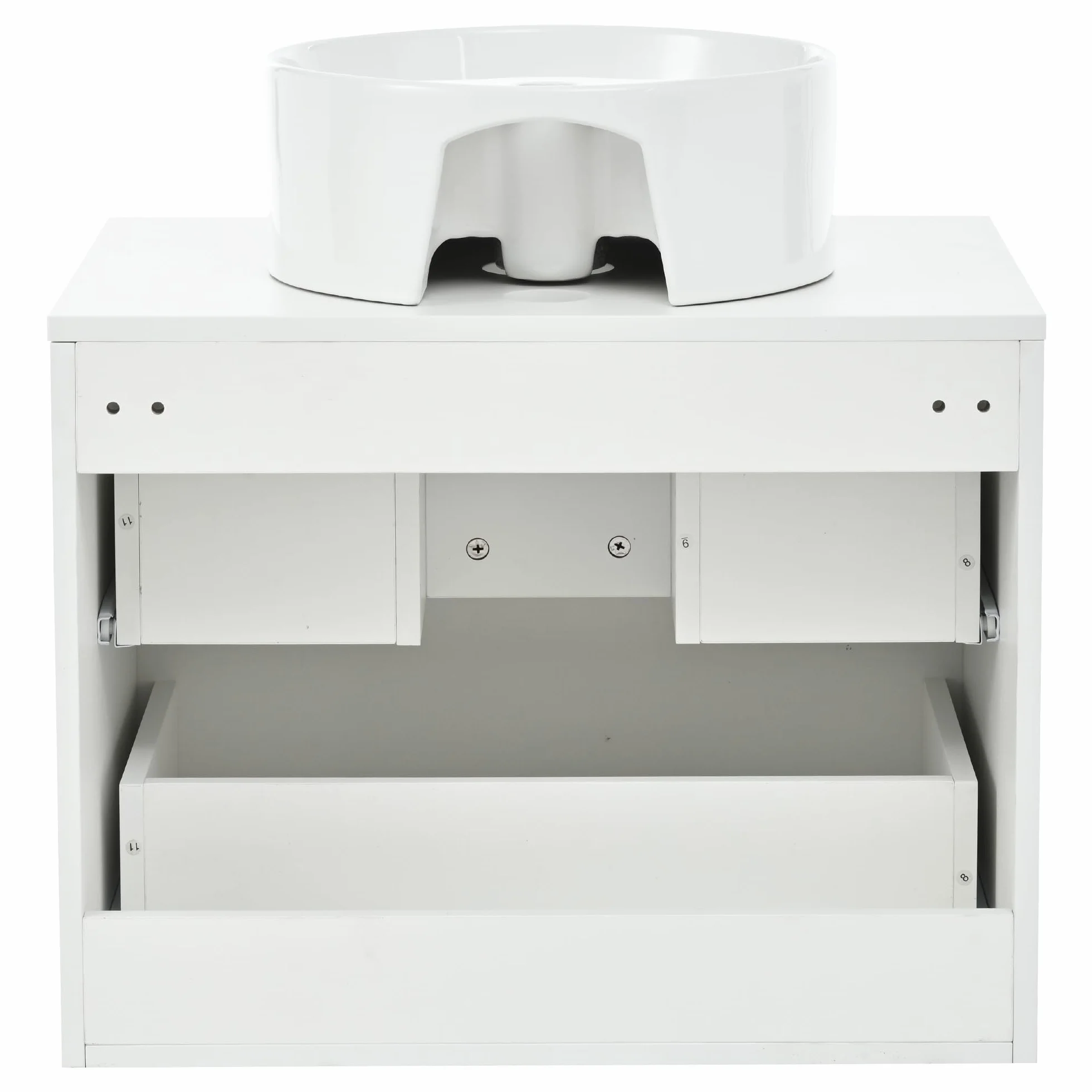 Mueble de baño redondo de cerámica de 60 cm montado en la pared con cajones de madera con diseño de rayas, tablero MDF, capacidad de almacenamiento: 2 cajones + encimera, madera natural