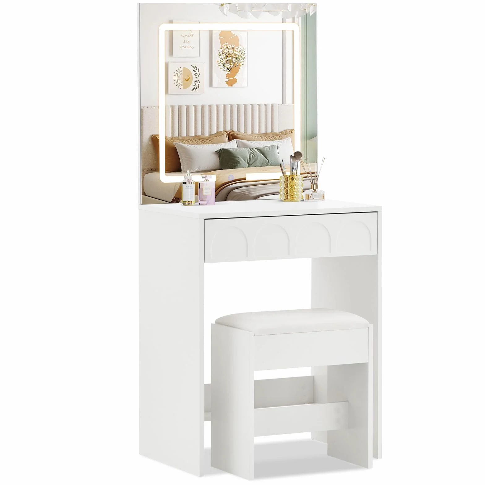 LEMROE Tocador Moderno con Espejo LED Táctil 3 Luces, Mesa de Maquillaje Compacto con Cajón y Taburete, para Espacios Pequeños, Blanco (Blanco)