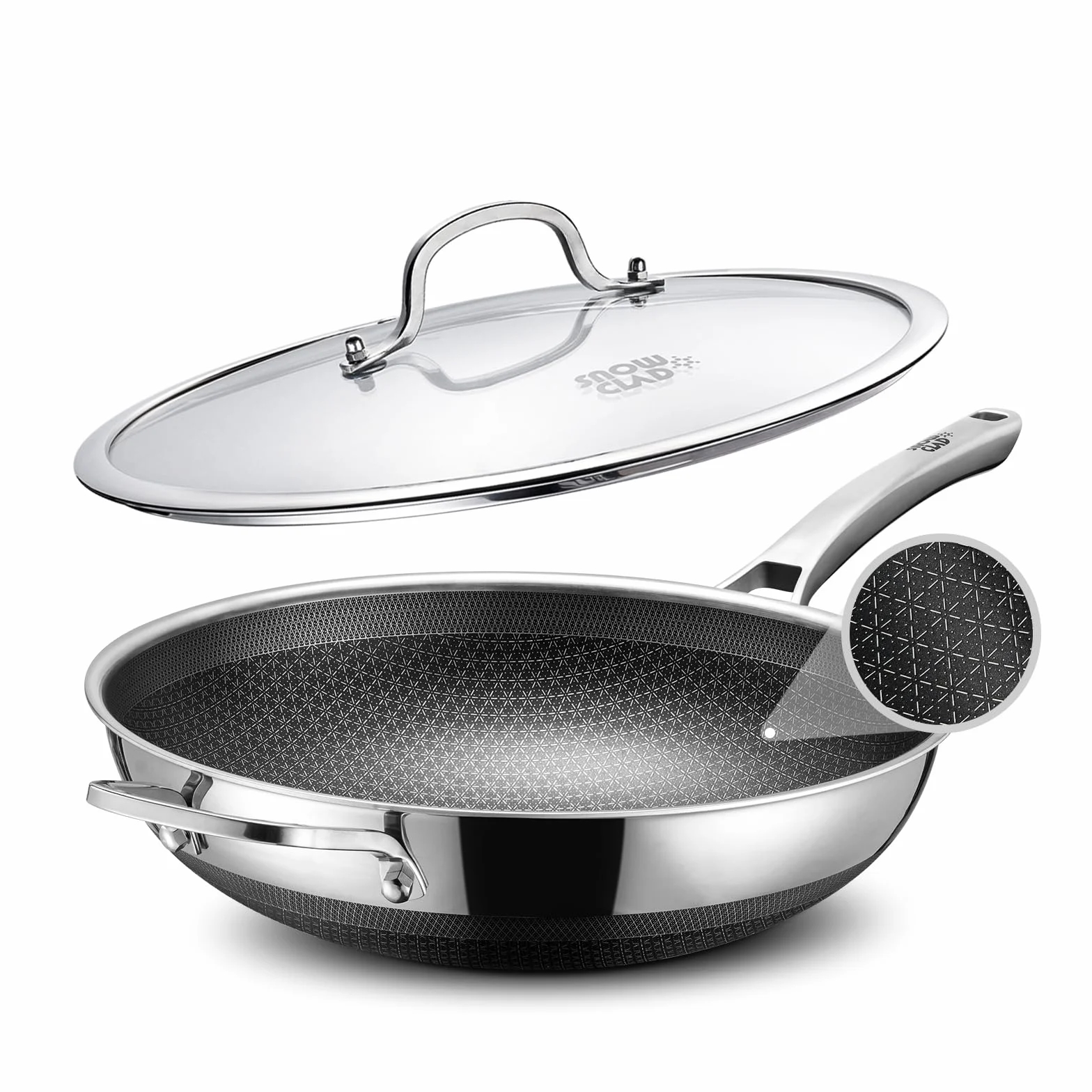 SNOWCLAD Wok, woks híbridos de 13 pulgadas y sartenes antiadherentes, de acero inoxidable no tóxico con tapa, apto para lavavajillas, horno de inducción, utensilios de cocina antiadherentes sin PFOA